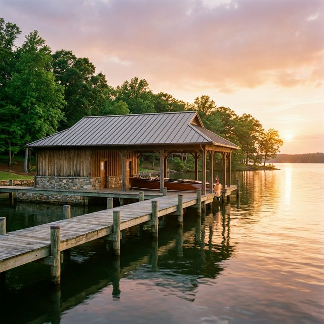 Custom wooden boat dock with boathouse on Lake Anna at sunset