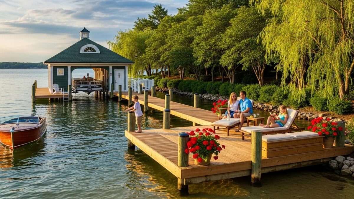 Beautifully constructed dock on Lake Anna with a boathouse, showcasing quality marine construction and waterfront lifestyle