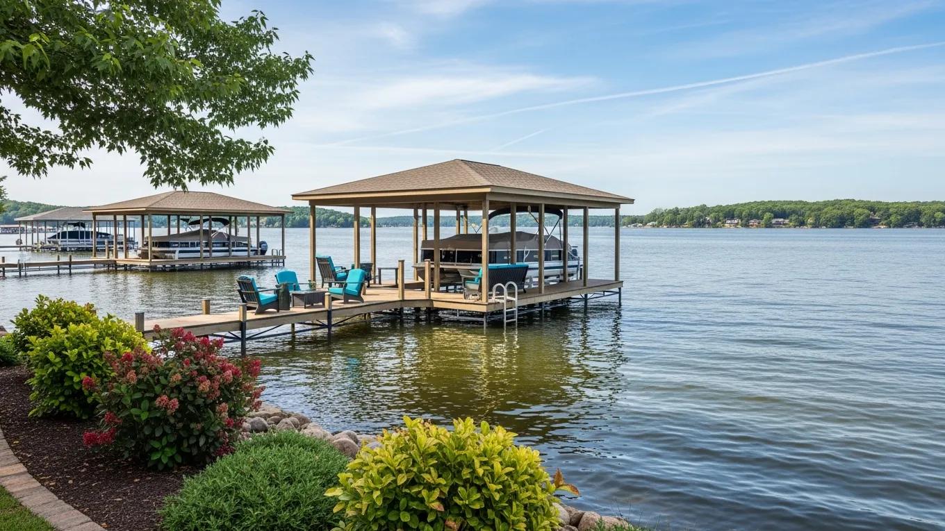 Beautifully designed boat dock at Lake Anna with seating, boat lift, and lush landscaping, showcasing ideal dock construction for waterfront properties.