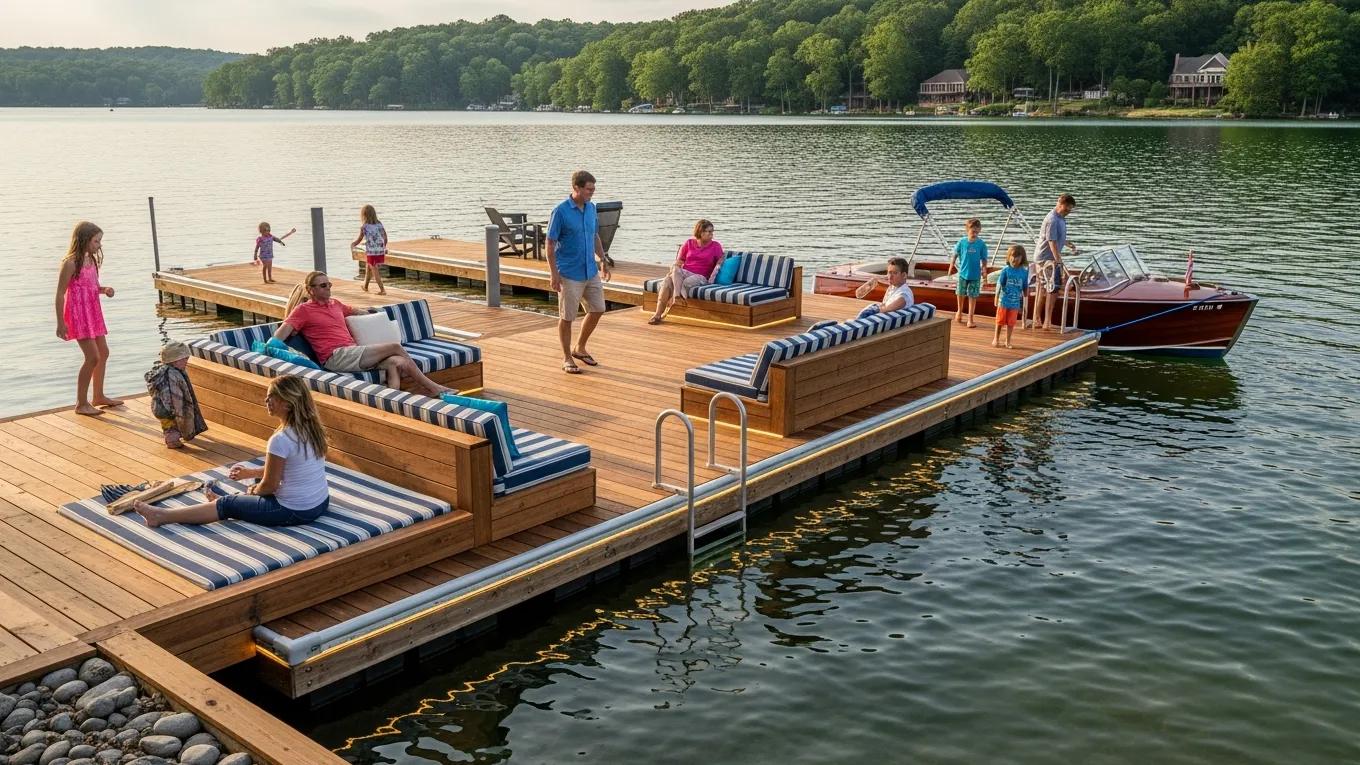 Boat dock with seating, lighting, and swim platform enhancing usability at Lake Anna