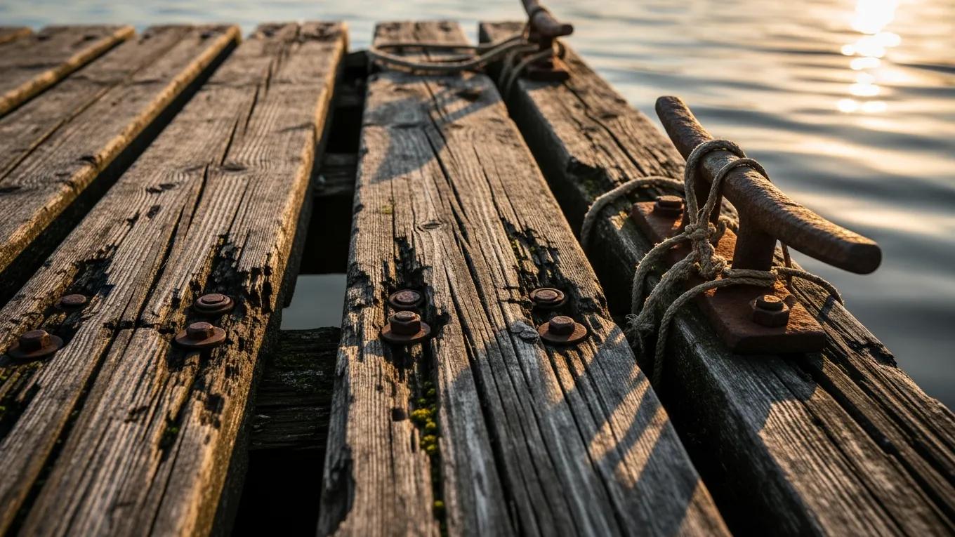 Close-up of a boat dock showing signs of wear, highlighting indicators that property owners should watch for to prevent costly repairs