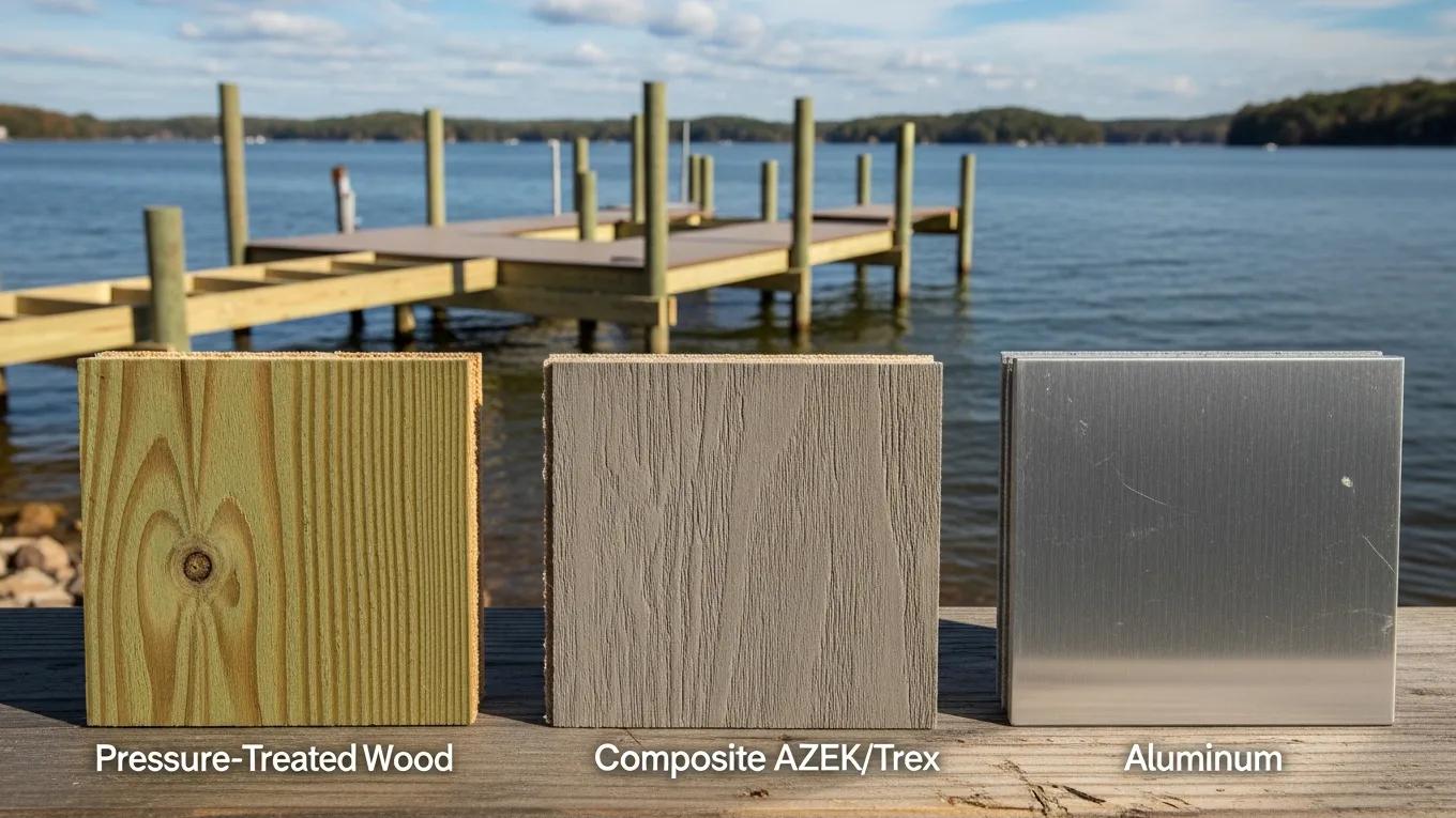 Comparison of dock materials including wood, composite, and aluminum, showcasing their durability for Lake Anna construction