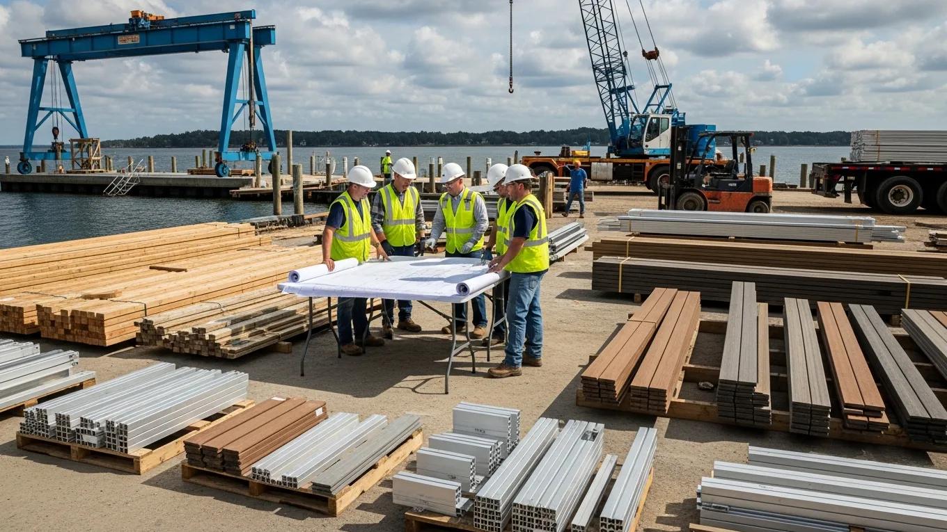 Construction site for a dock showing various materials and workers discussing plans, emphasizing key pricing factors