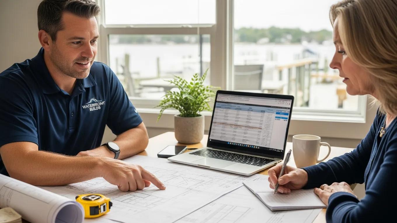 Contractor and homeowner reviewing dock plans and estimates, illustrating the process of obtaining accurate custom dock installation quotes