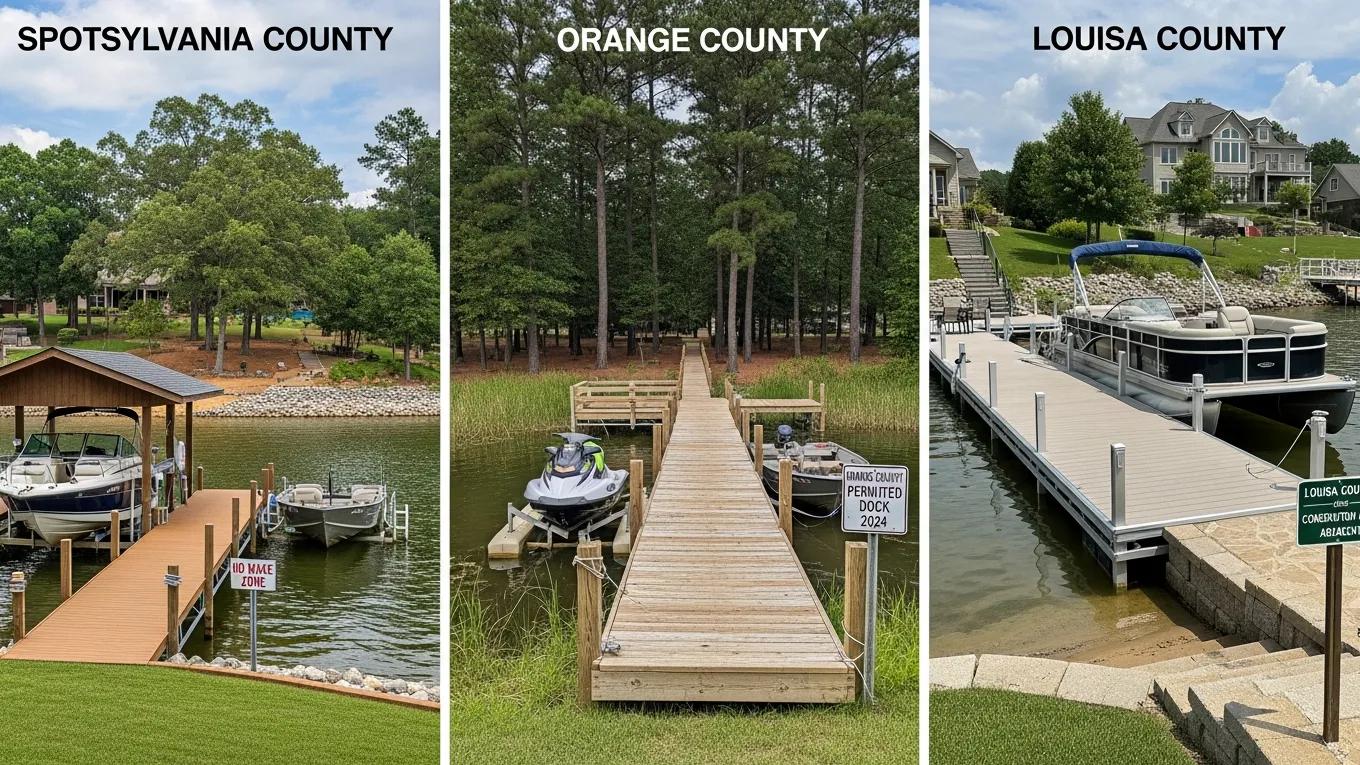 Diverse dock styles and environmental features in Virginia counties