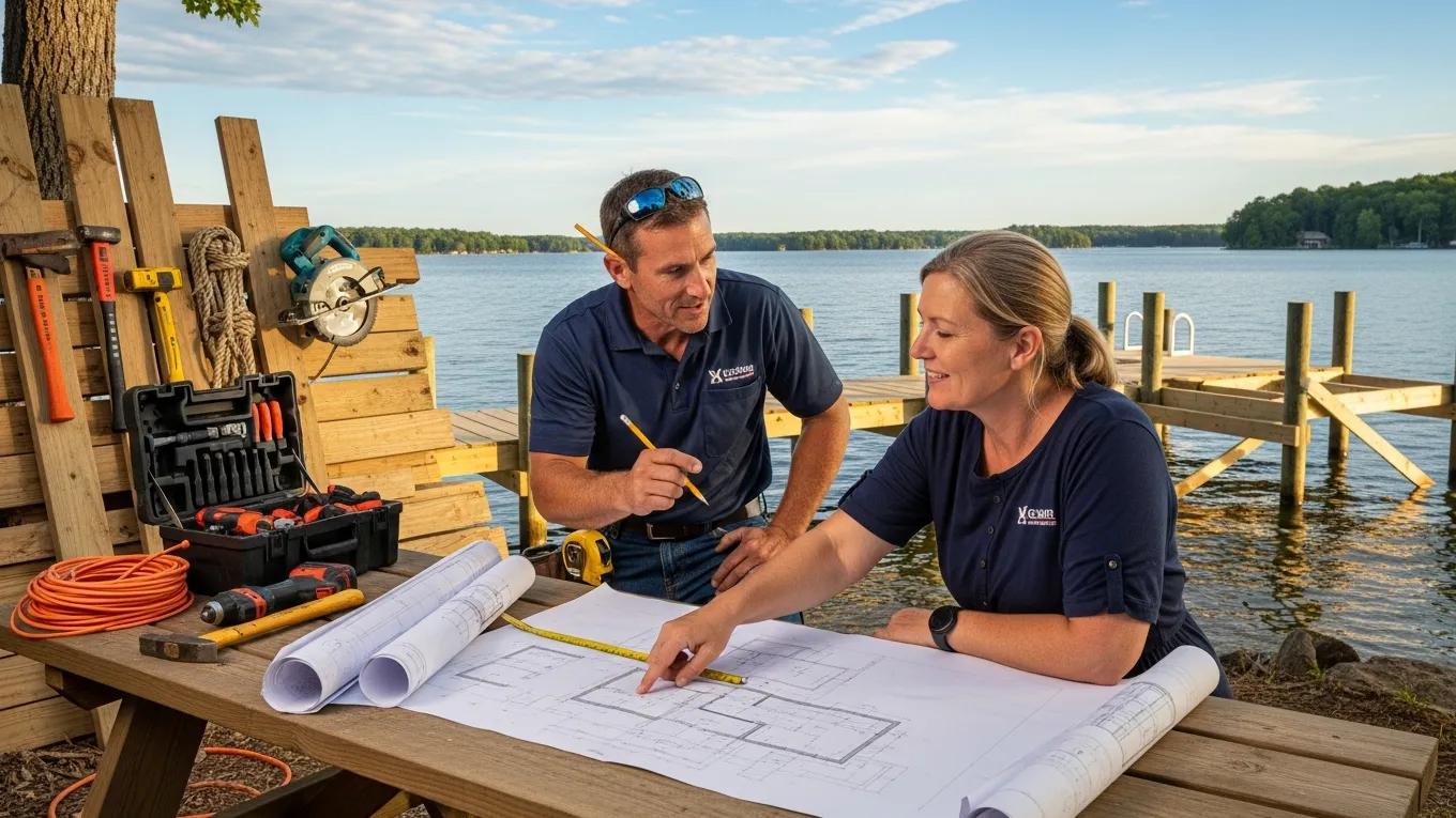 Dock builder discussing qualifications and plans with a homeowner at Lake Anna