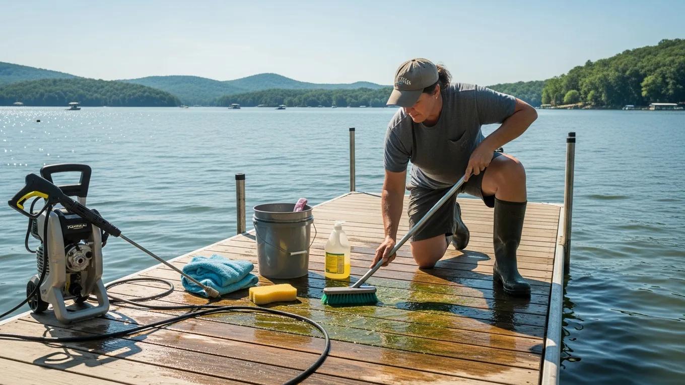 Homeowner maintaining a floating dock at Lake Anna, emphasizing dock upkeep