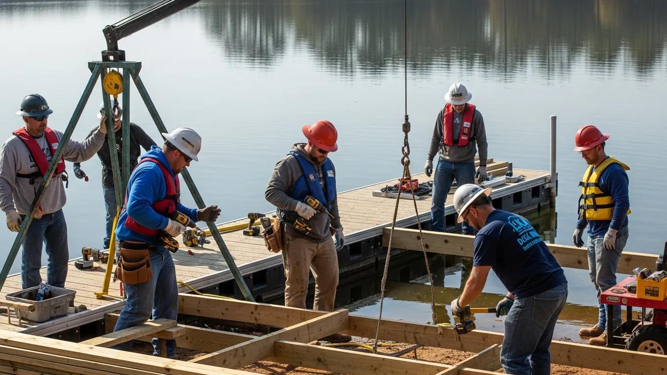 LKA Dock Builder team installing a stationary dock at Lake Anna, showcasing construction expertise