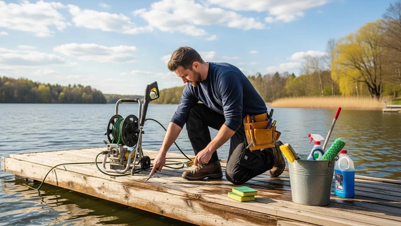 Maintenance professional inspecting a boat dock in spring, illustrating essential seasonal maintenance practices for Lake Anna docks