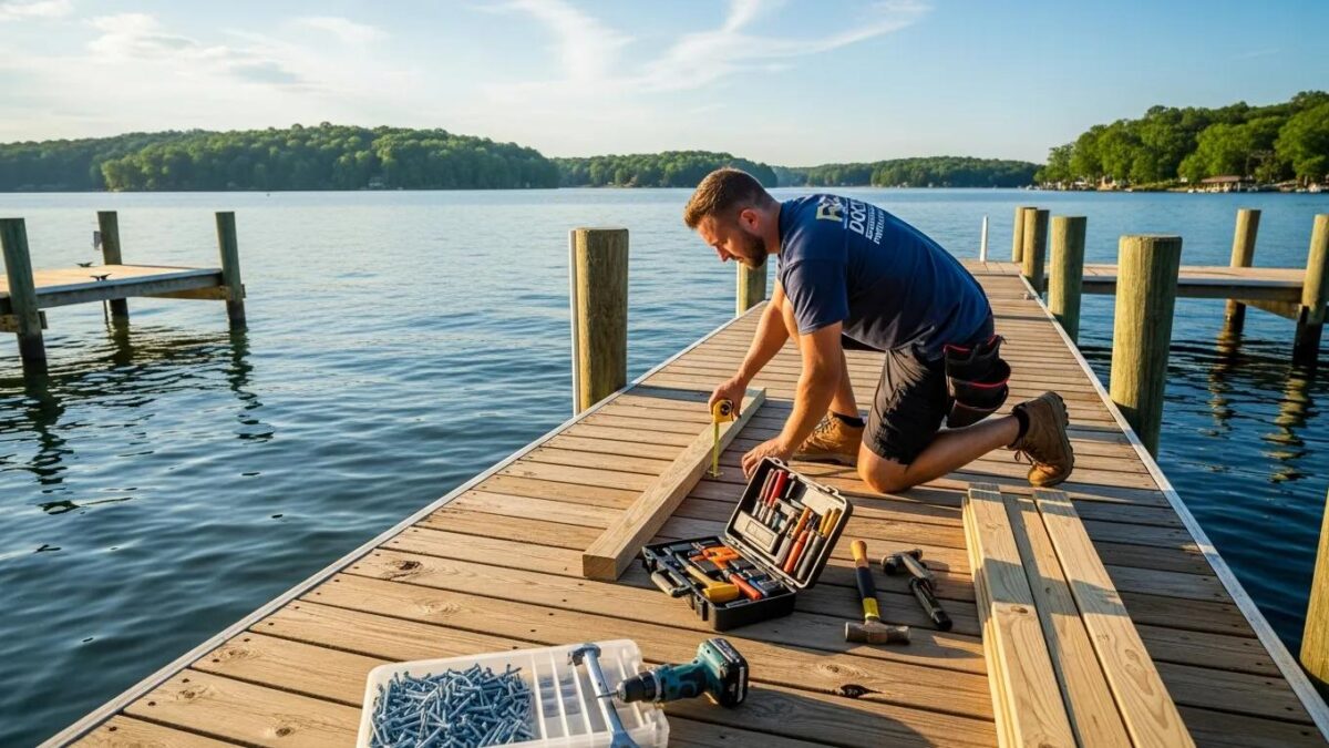 Professional dock repair services at Lake Anna, Virginia, showcasing a technician inspecting a well-maintained dock