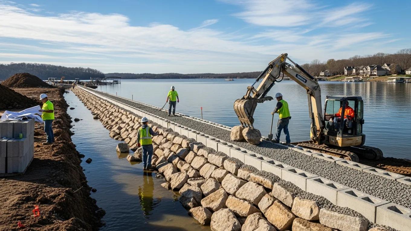 Seawall construction at Lake Anna demonstrating durable materials and professional craftsmanship