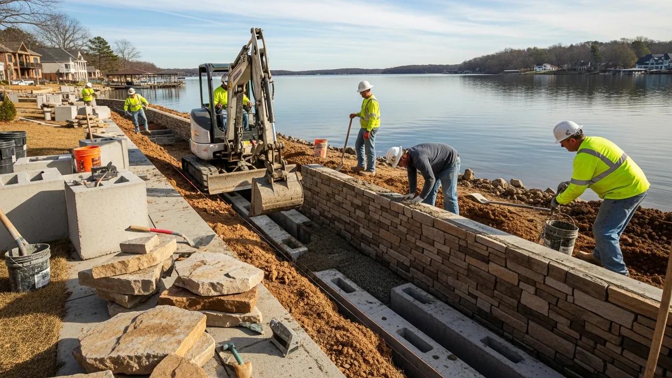 Seawall installation at Lake Anna, showcasing construction techniques and durable materials for waterfront protection