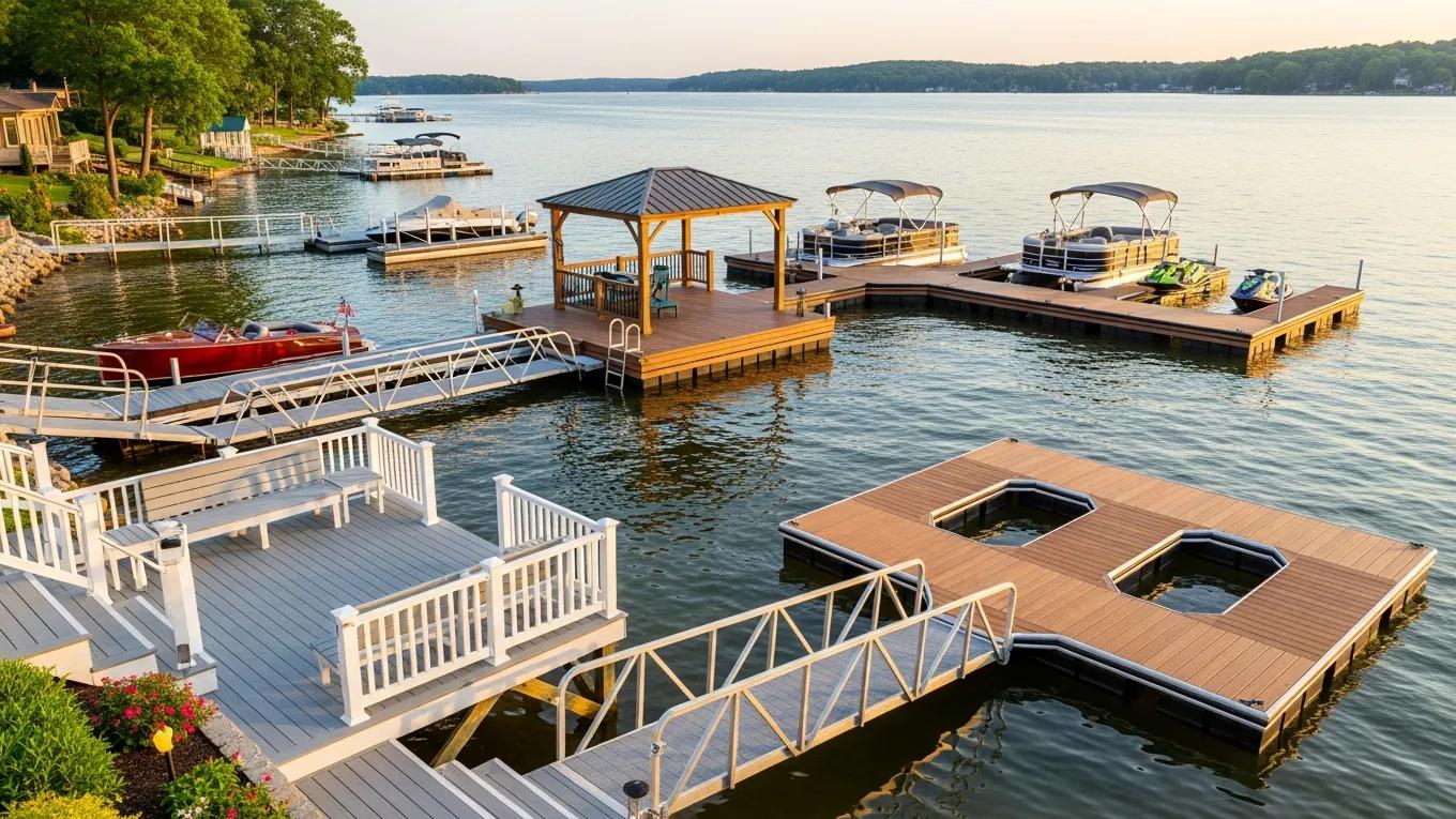 Variety of dock designs at Lake Anna, featuring floating and stationary docks made from premium materials like AZEK and Trex