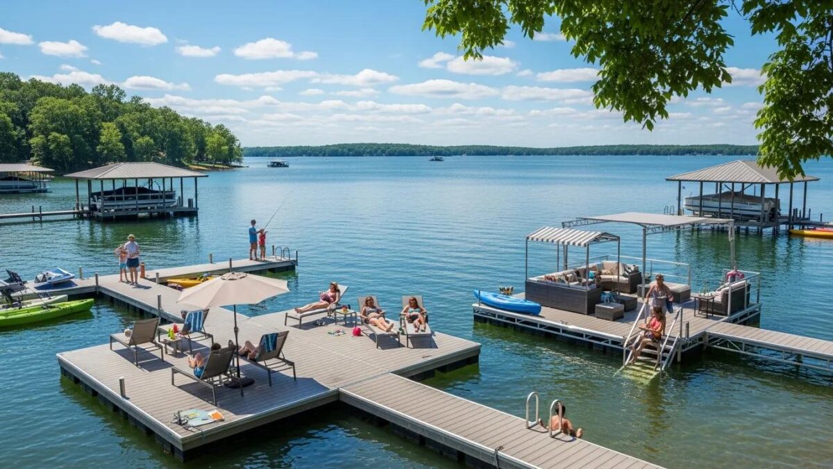 Various types of docks at Lake Anna, highlighting floating and stationary designs in a beautiful lakeside setting