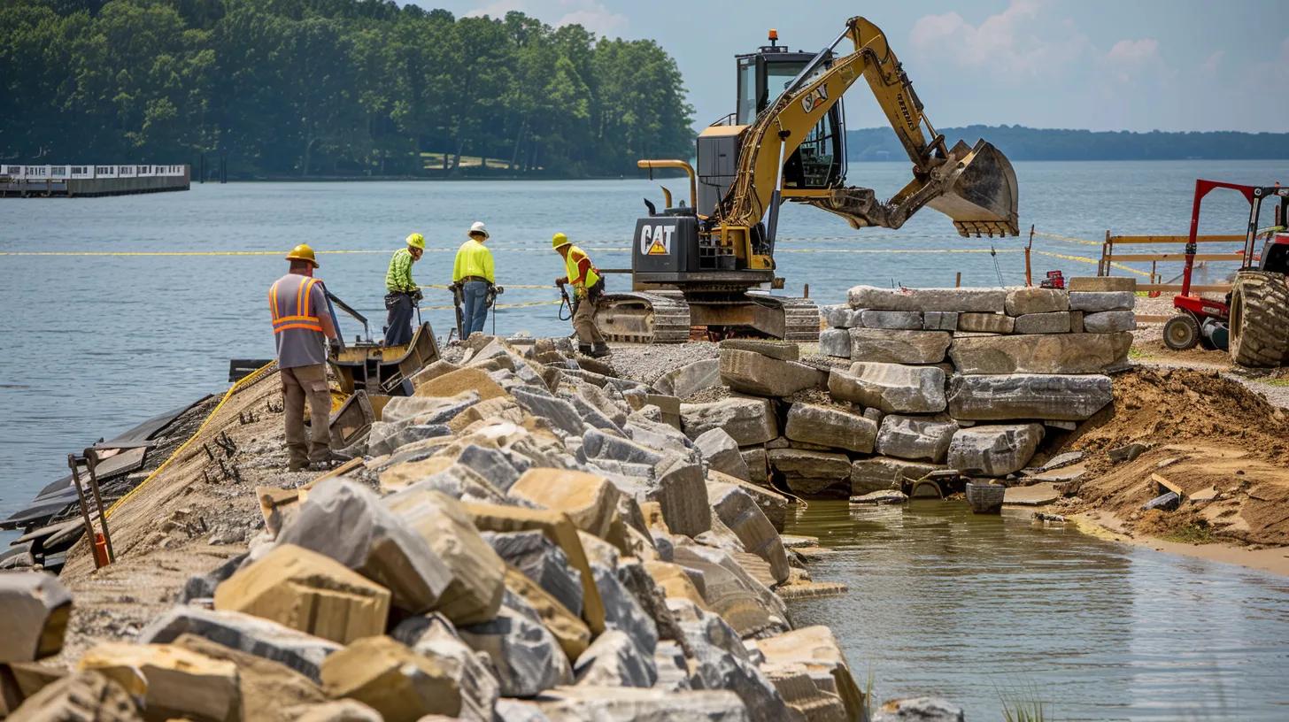Construction workers installing a complex seawall design at Lake Anna, highlighting installation intricacies