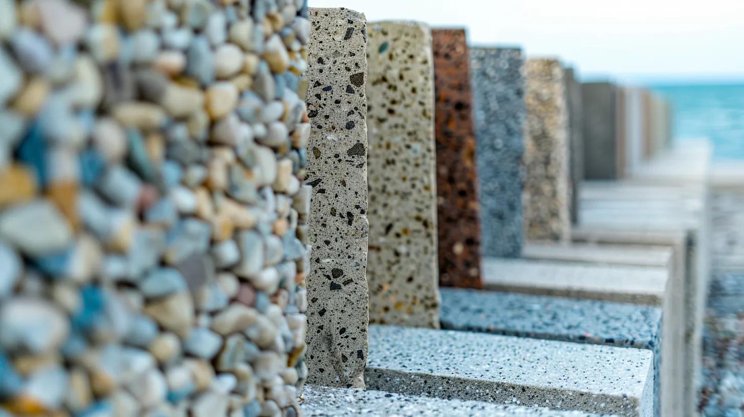 Close-up of seawall materials: concrete, vinyl, and rip rap for durability