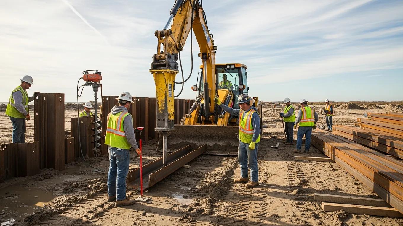 Contractors installing a seawall at Lake Anna, showcasing the construction process and teamwork