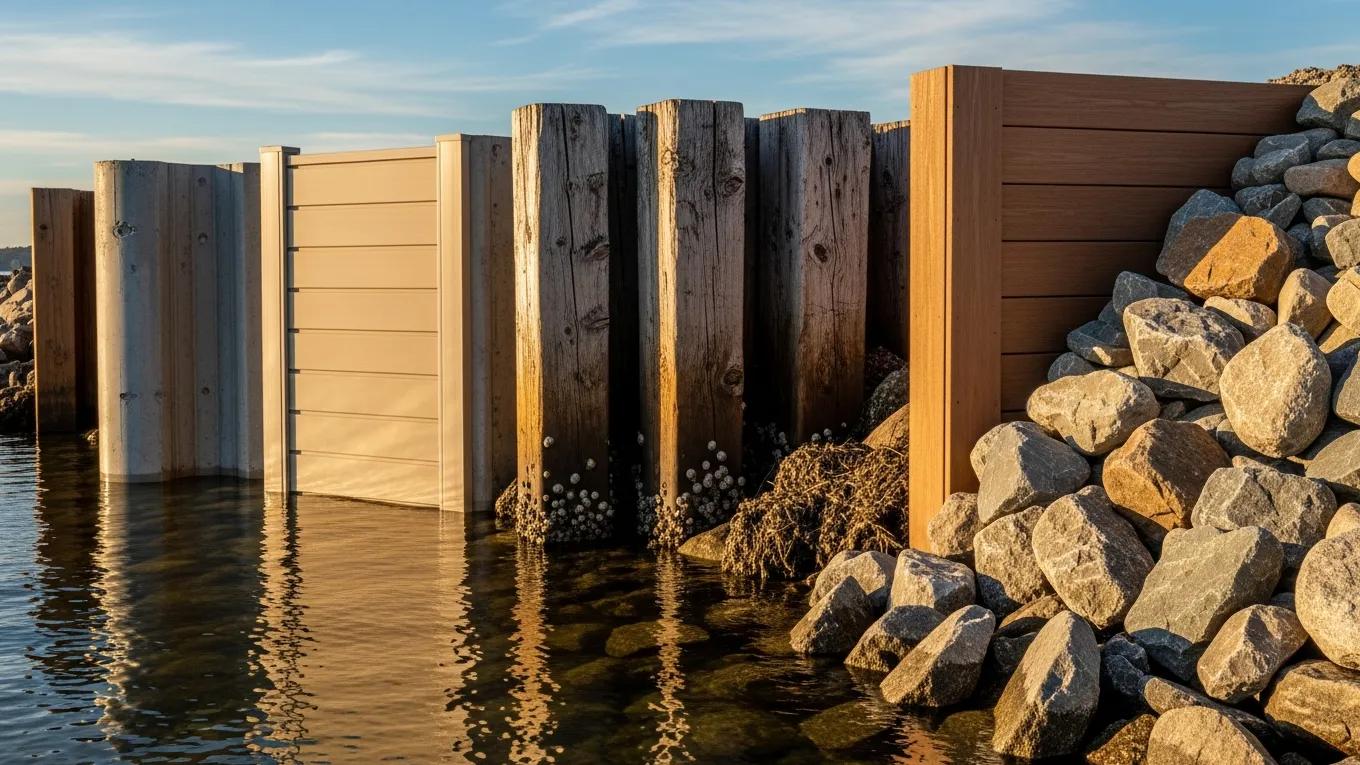 Display of various seawall materials by the water, illustrating options for property owners at Lake Anna