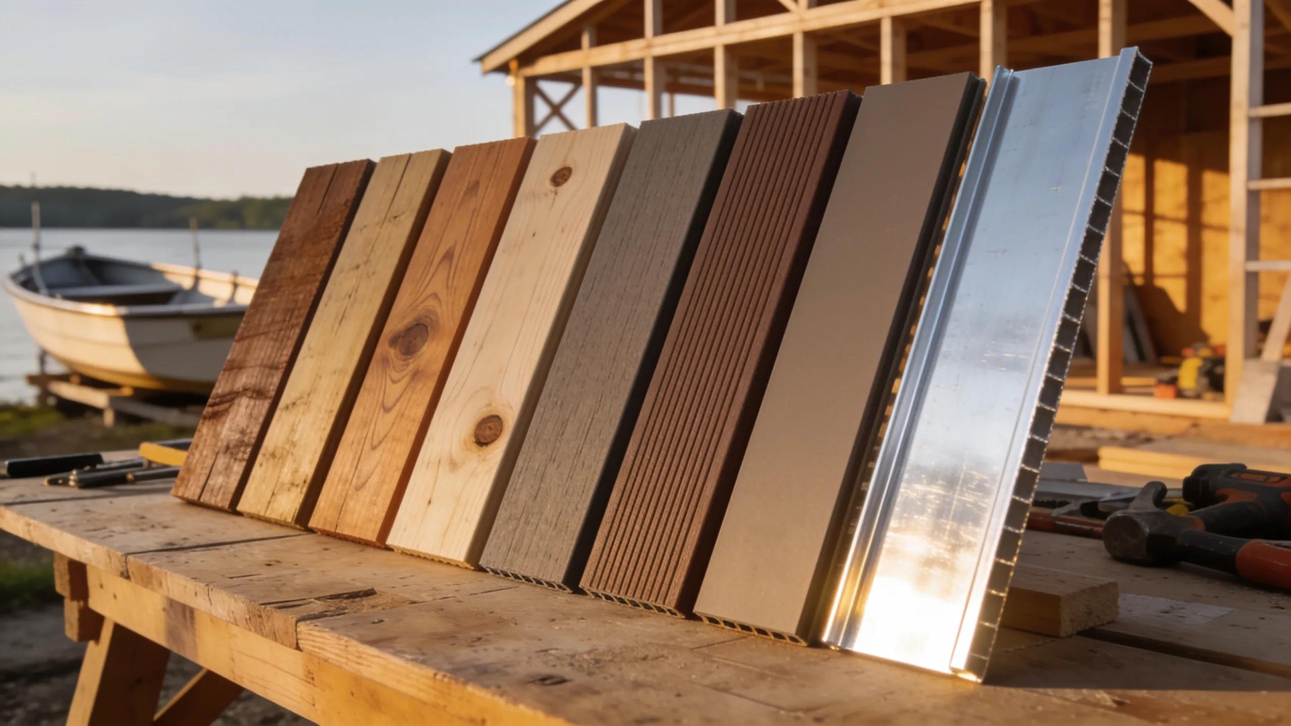 Different types of building materials for boathouses including wood, composite, and aluminum showcasing texture and quality