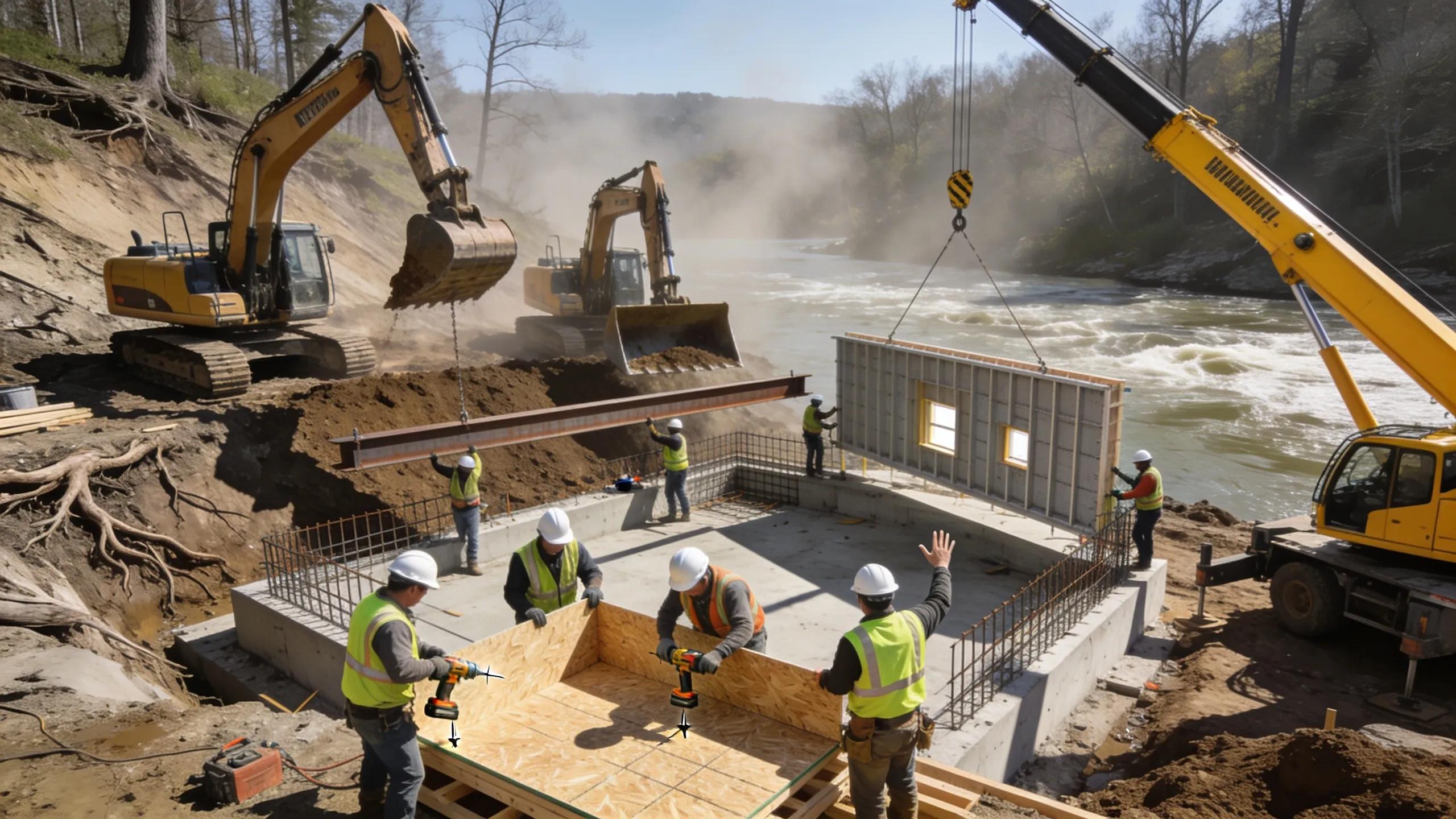 Construction crew working on a boathouse at Lake Anna, illustrating complexities of construction