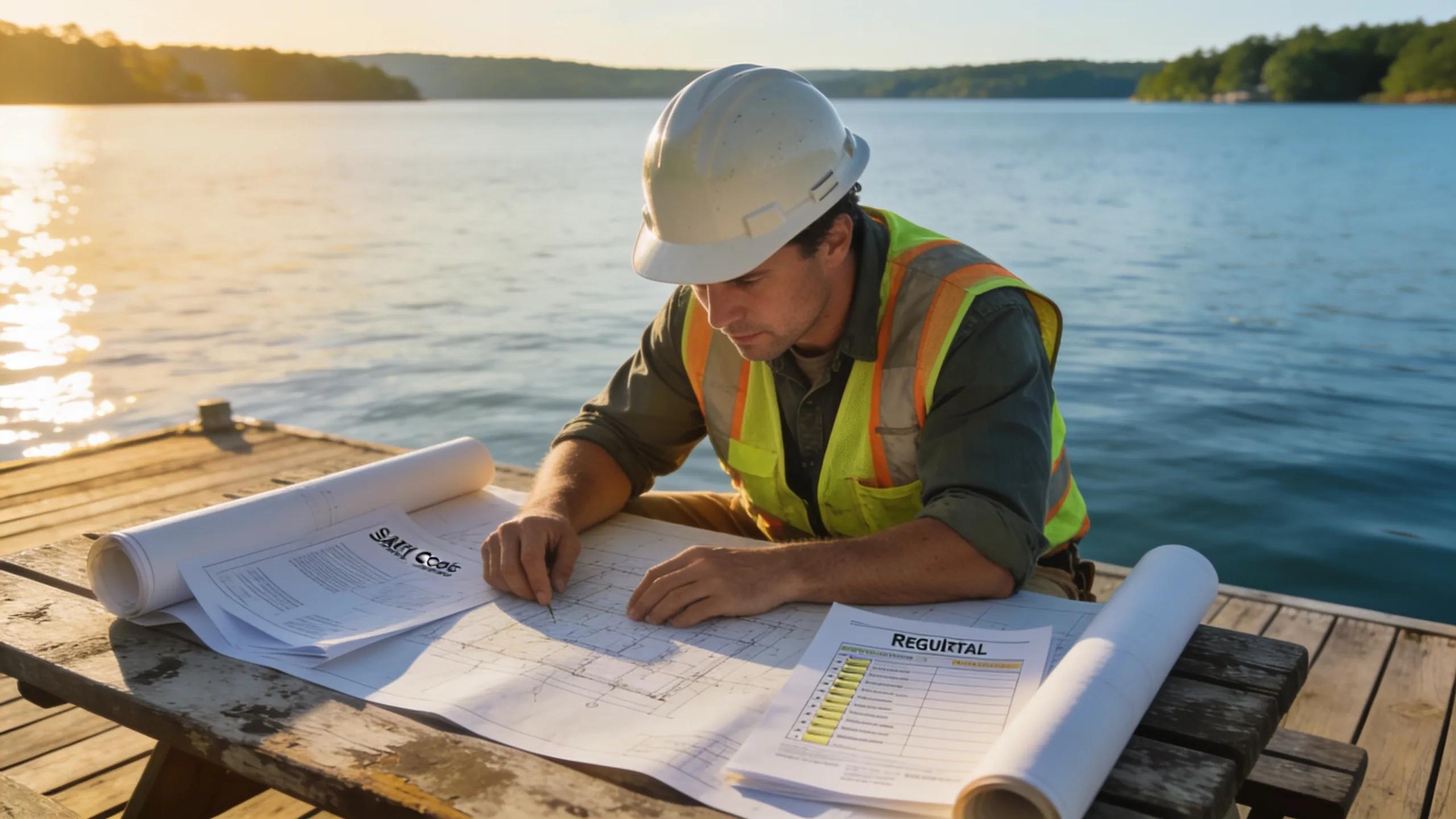 Construction professional reviewing blueprints for boathouse at Lake Anna, highlighting application process
