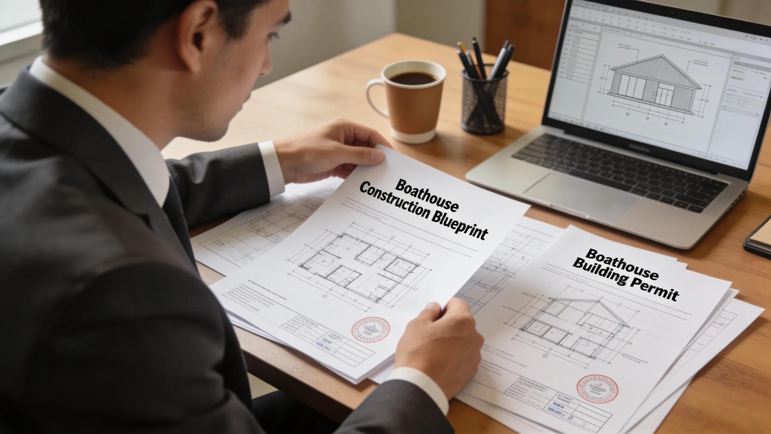 A professional studying construction blueprints and permits for a boathouse, emphasizing the importance of the permitting process