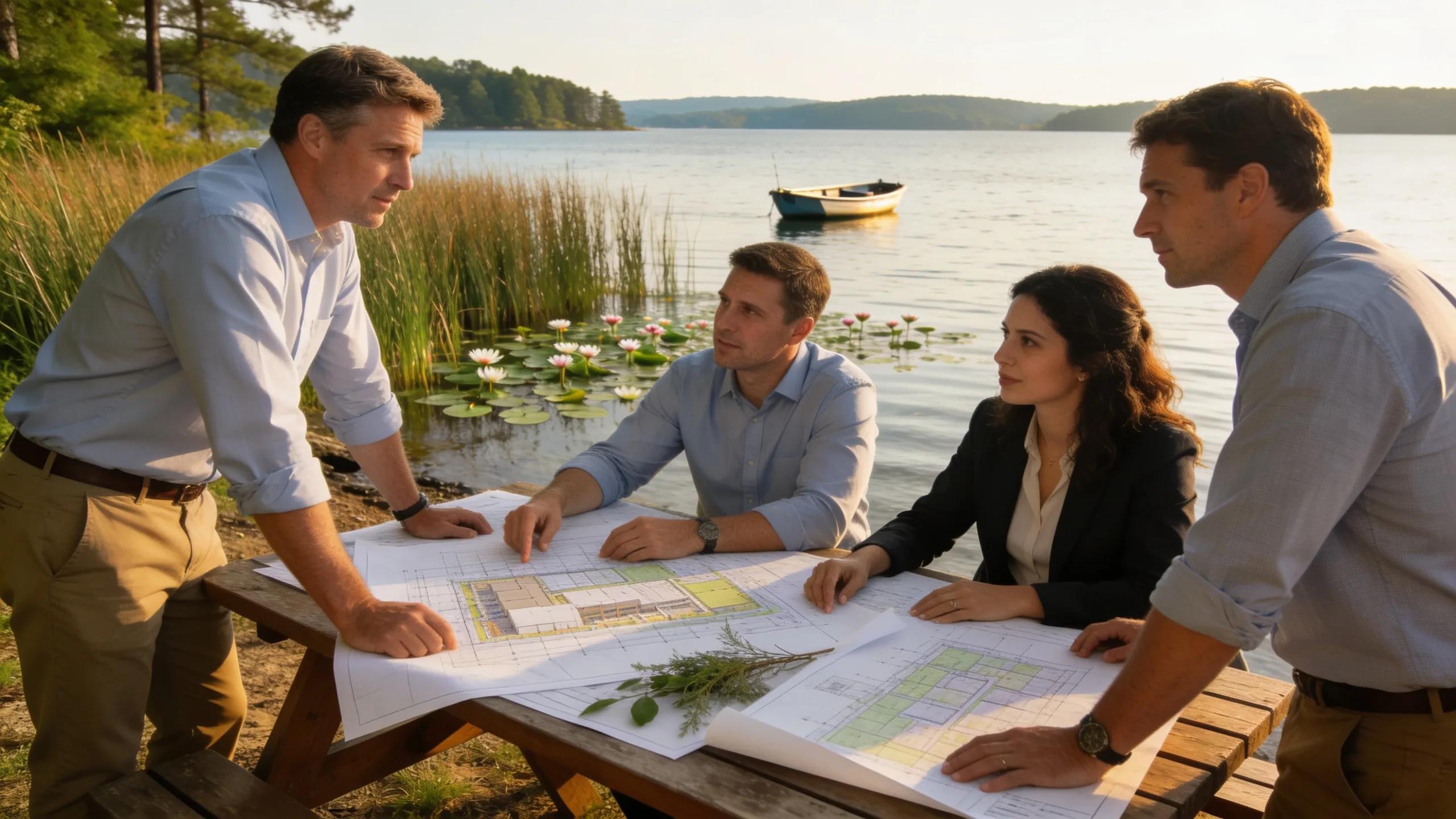 Professionals analyzing waterfront construction plans at Lake Anna emphasizing local expertise