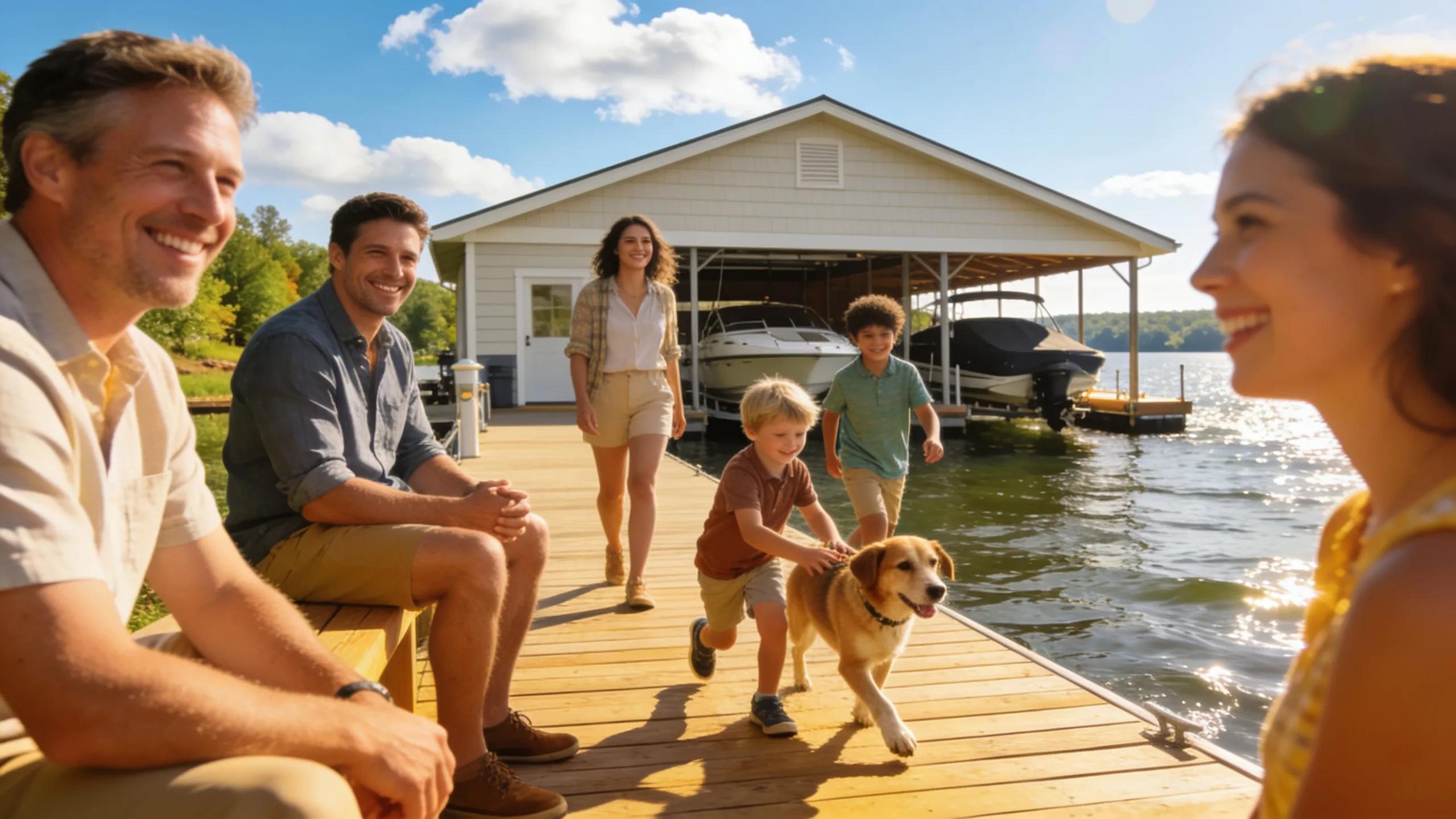Satisfied customers enjoying their durable boathouse at Lake Anna, highlighting material satisfaction