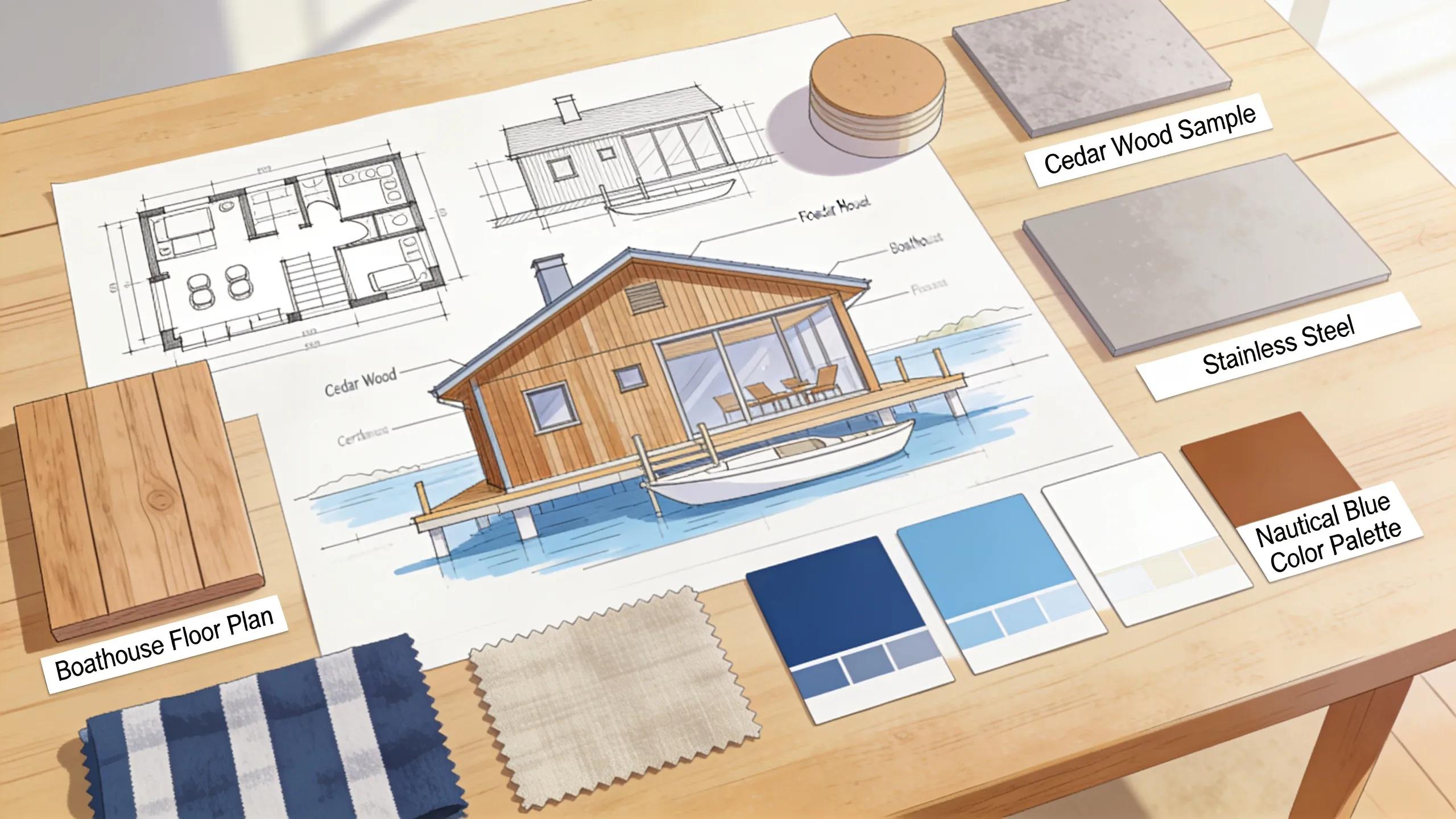 Design elements of a custom boathouse including sketches and material samples for aesthetic selection