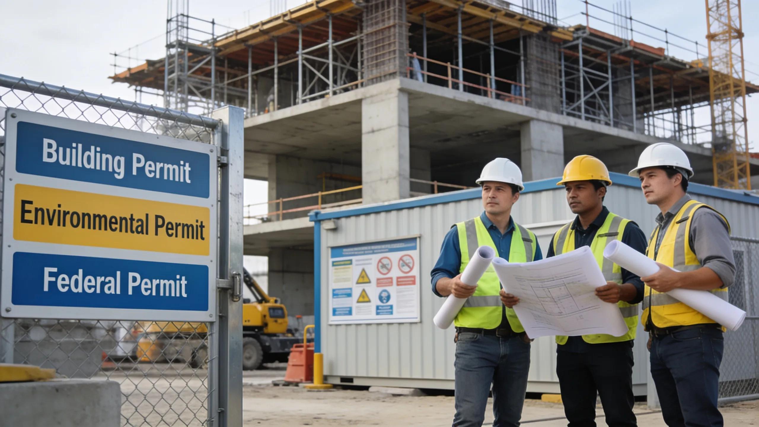 Construction workers discussing permits at a boathouse site highlighting regulatory aspects