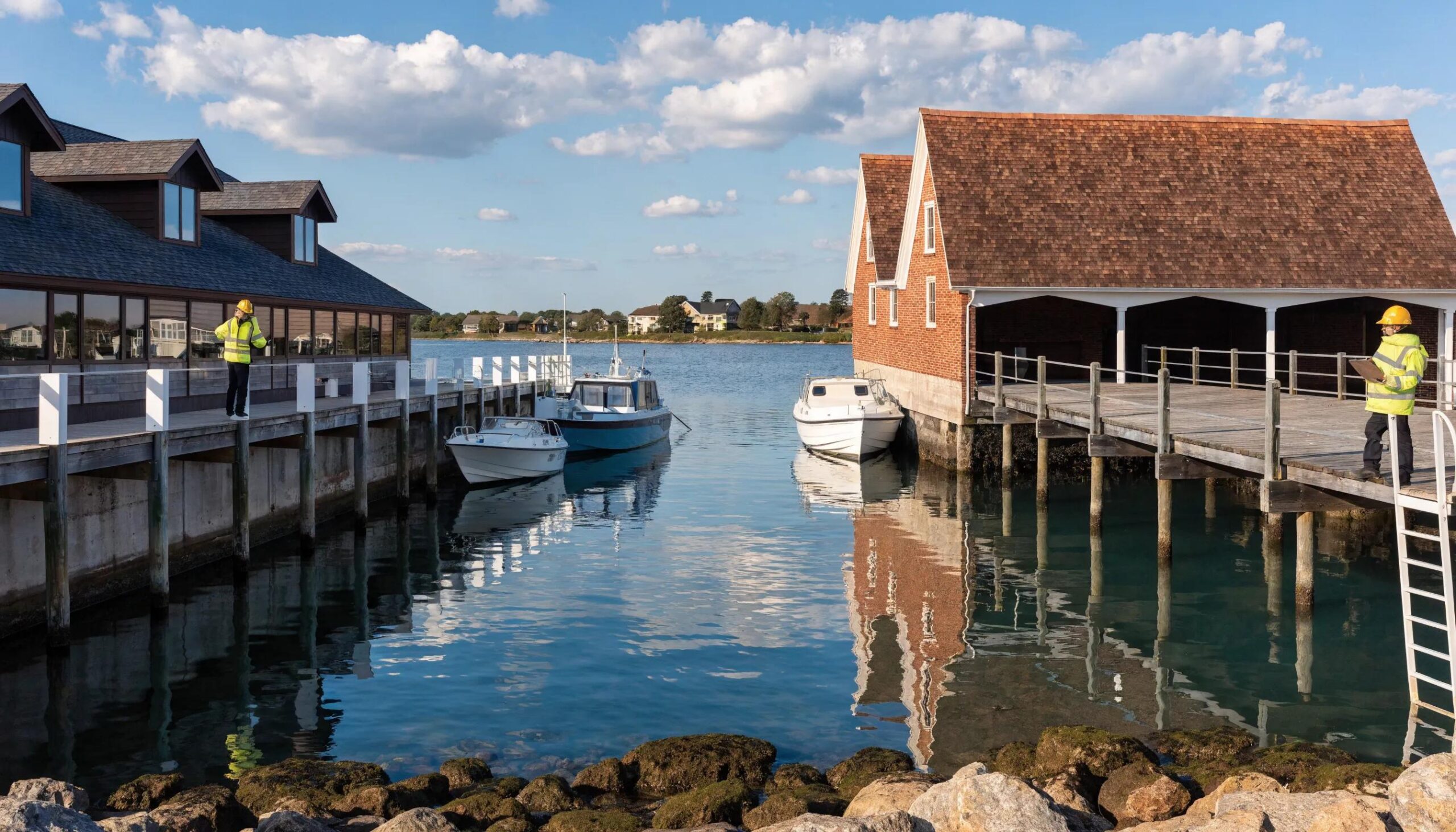Comparison of dock and boathouse designs showing material options and workers' involvement