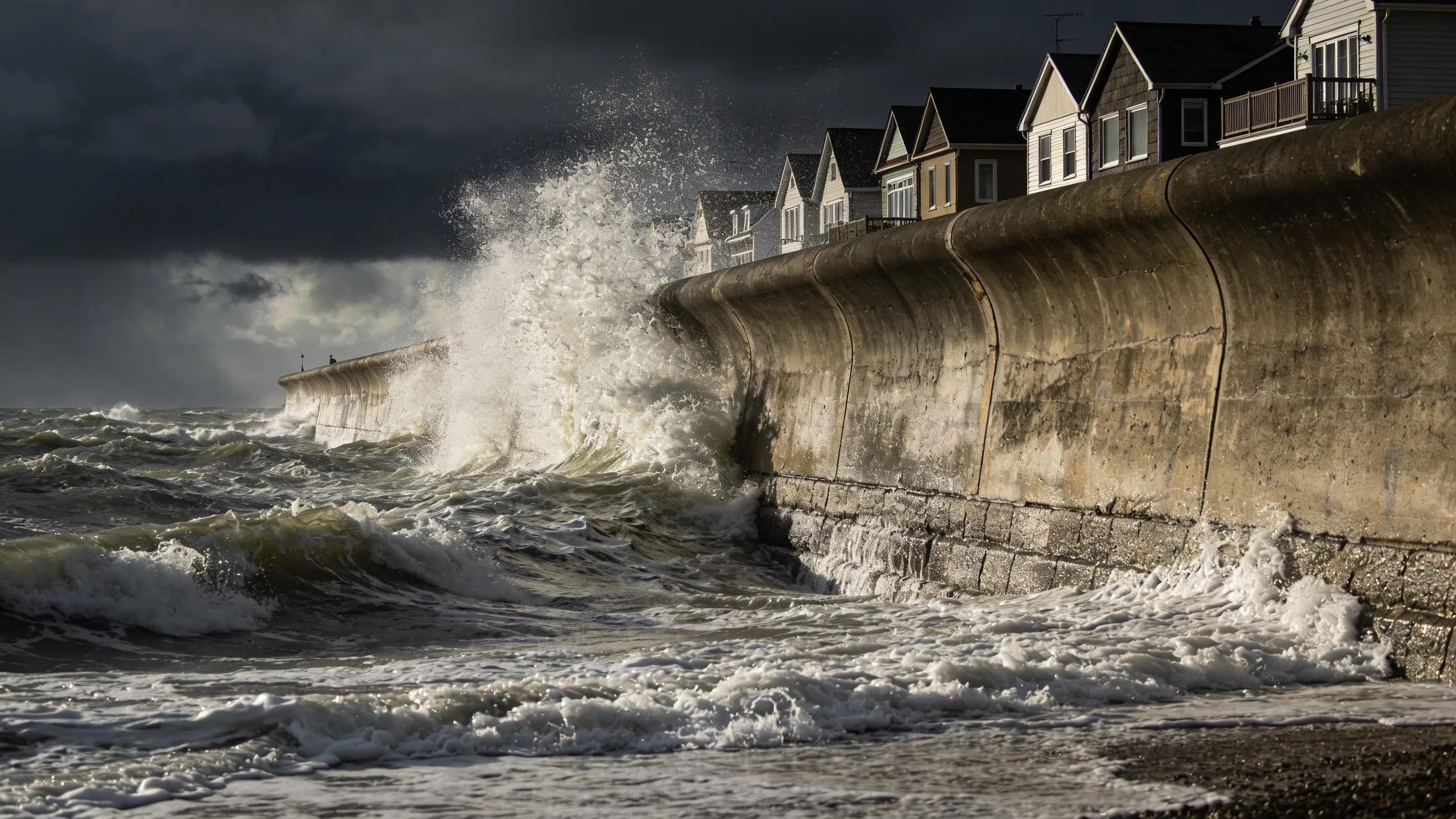 Seawall in action during a storm, demonstrating its effectiveness in flood mitigation and coastal protection