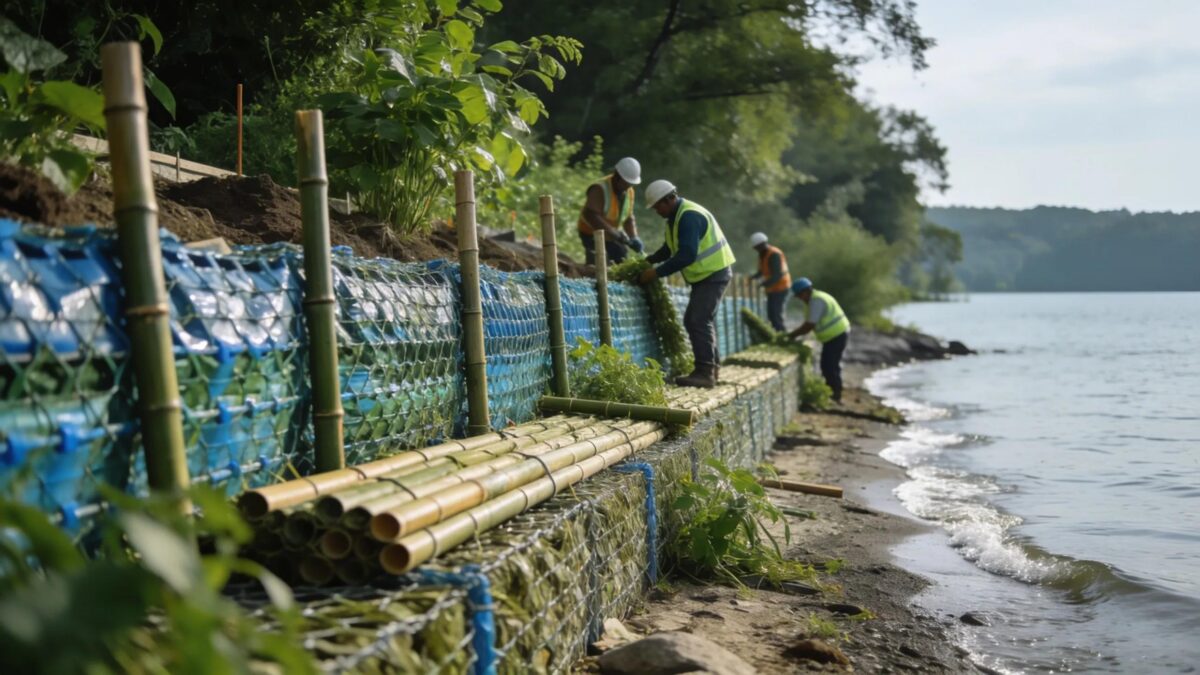 Seawall construction and shoreline stabilization project with erosion control measures and sustainable materials near Lake Anna, Virginia.