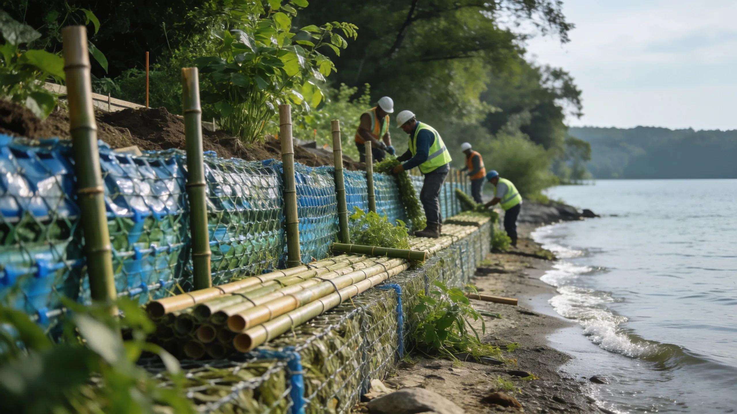 Lake Anna seawall construction crew installing shoreline stabilization with bamboo and mesh.