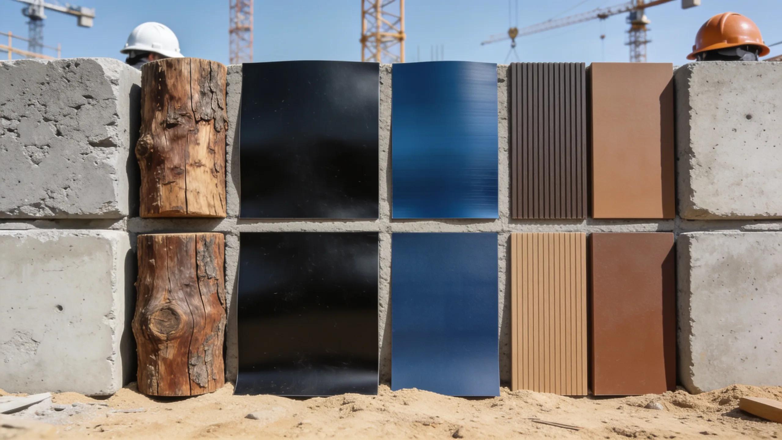 Different types of seawall materials including concrete, vinyl, and timber arranged for construction