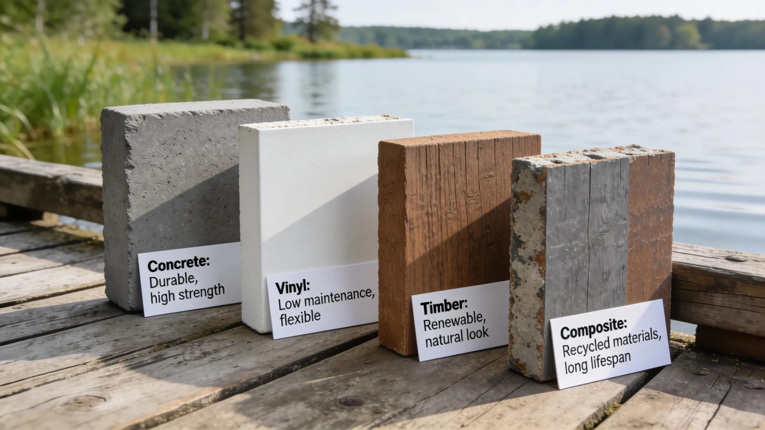 Seawall construction materials: concrete, vinyl, timber, and composite options for Lake Anna waterfront structures.