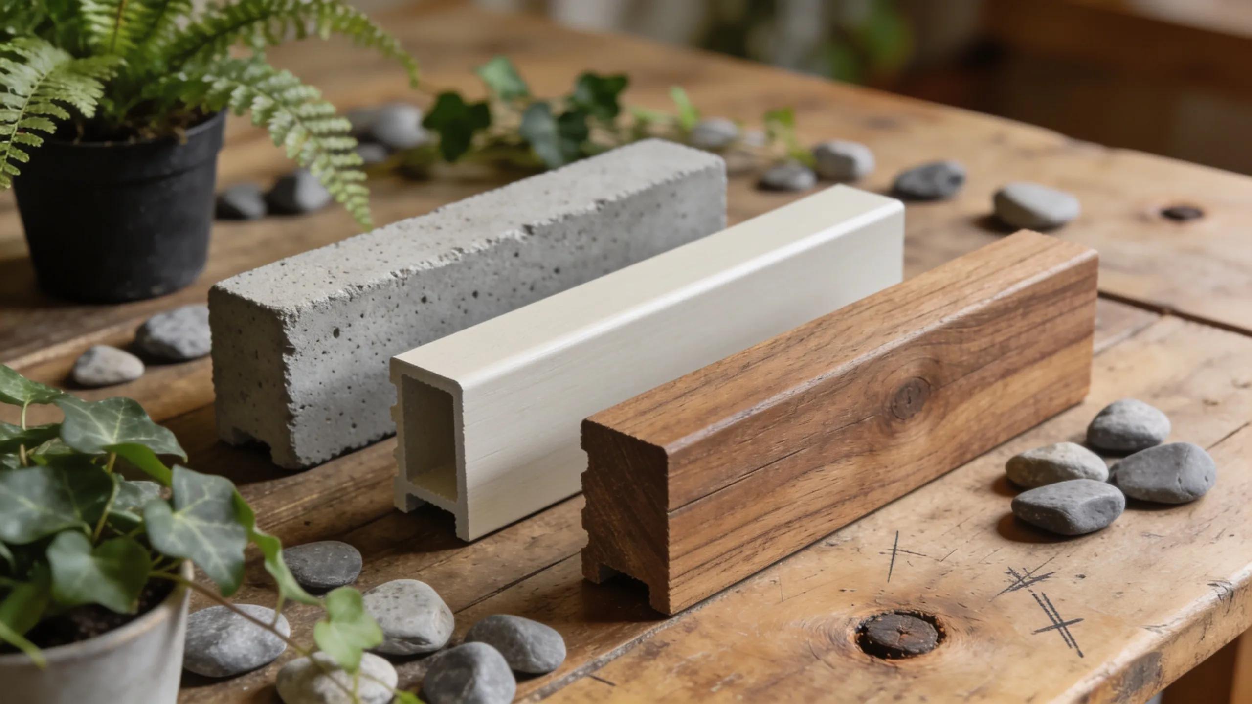 Samples of concrete, vinyl, and timber seawall materials on a rustic table amidst natural surroundings