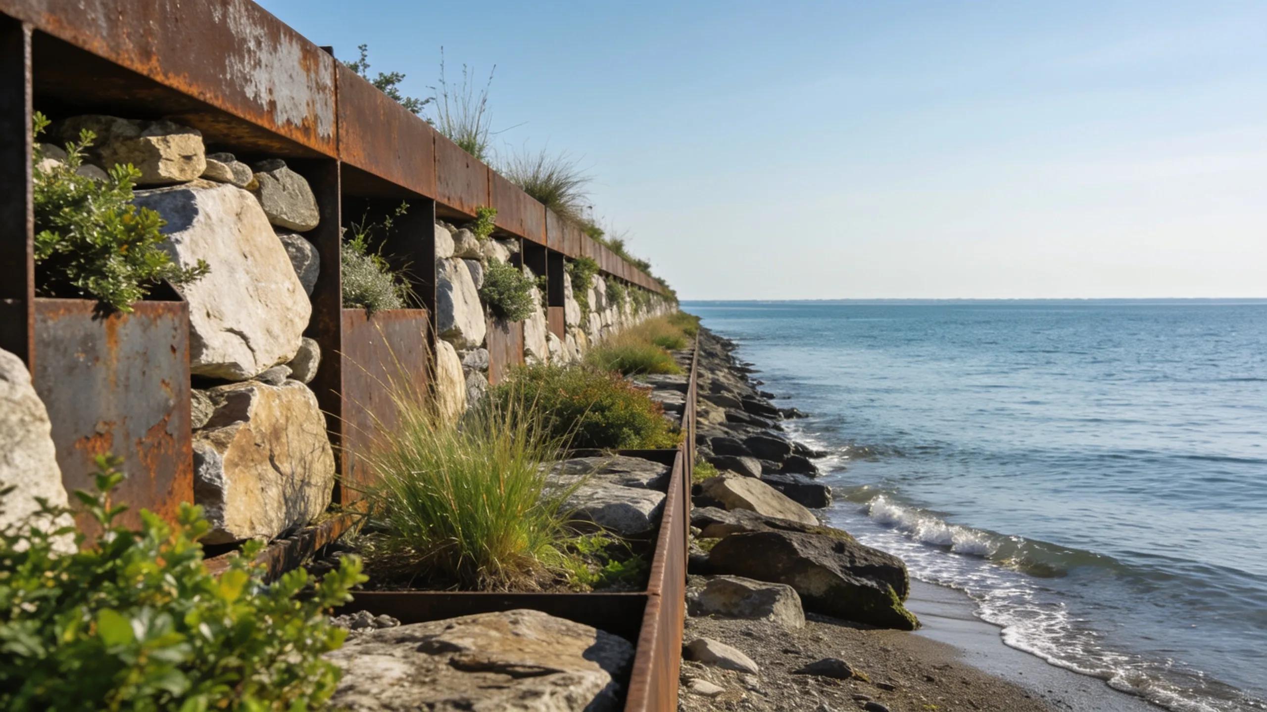 Eco-friendly seawall with natural stone and vegetation, shoreline stabilization and coastal protection.