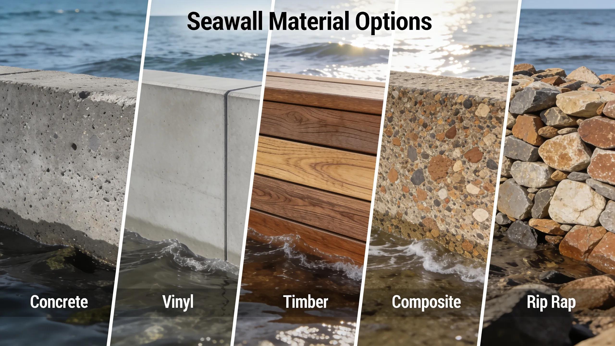 Collage of seawall materials including concrete, vinyl, timber, and composite types