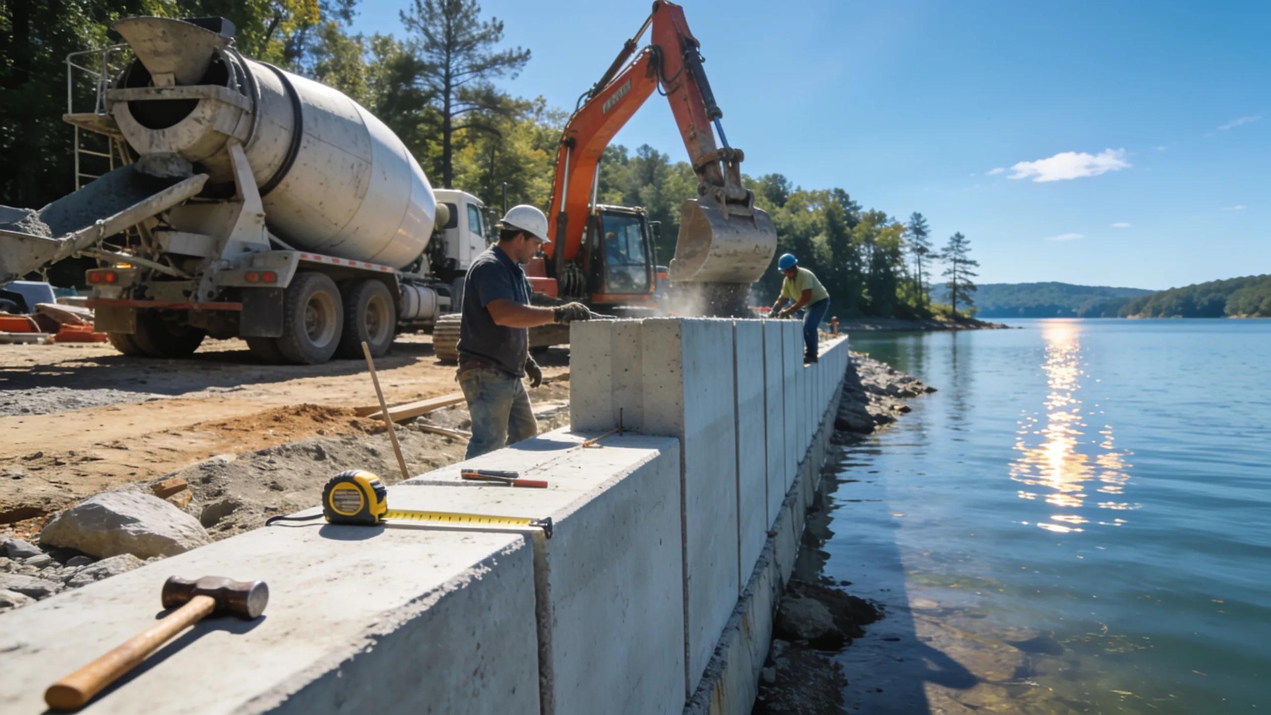 Lake Anna seawall construction with excavator and concrete mixer, LKA Dock Builder services.