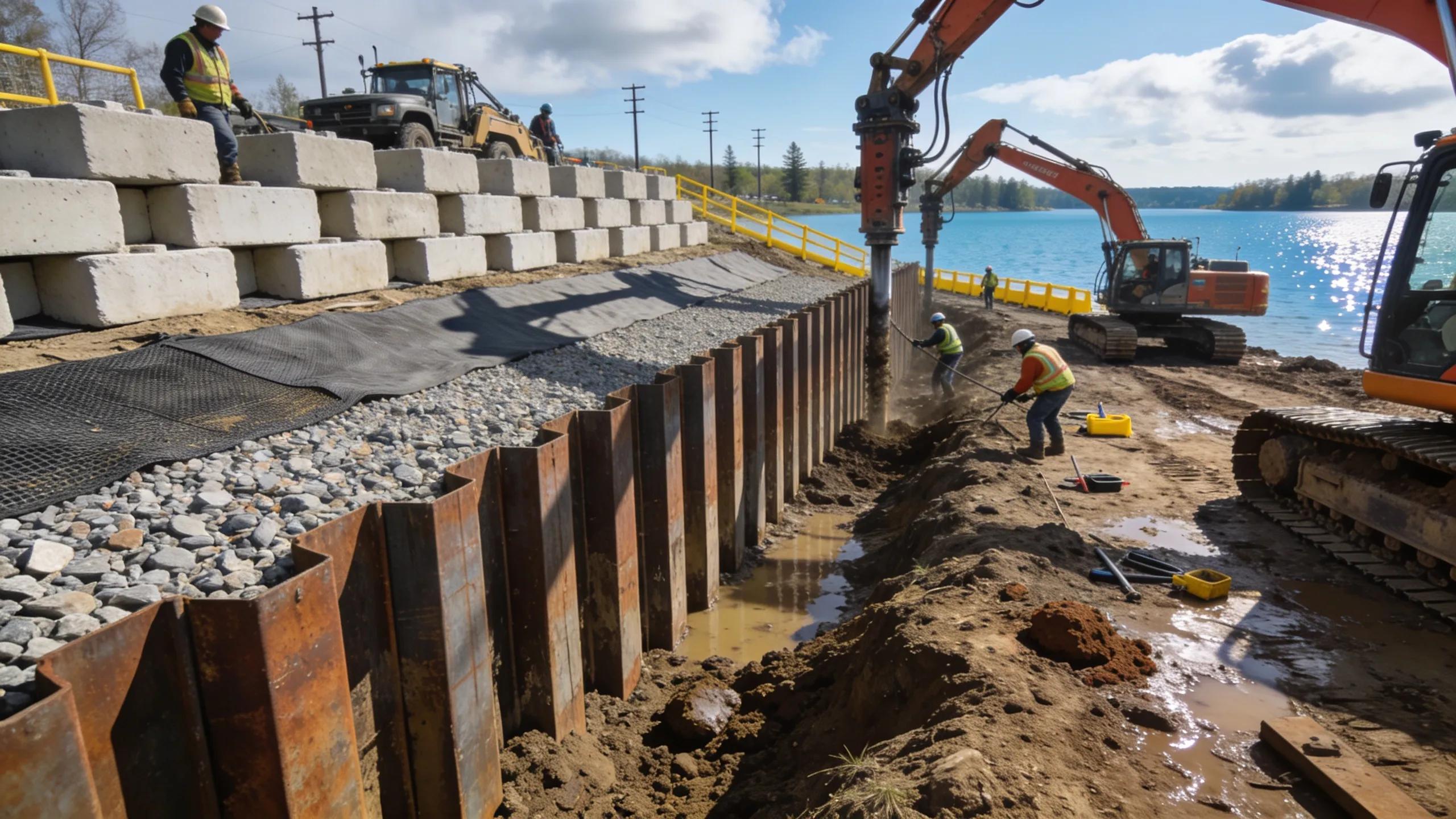 Construction workers installing a seawall showing various steps of the installation process