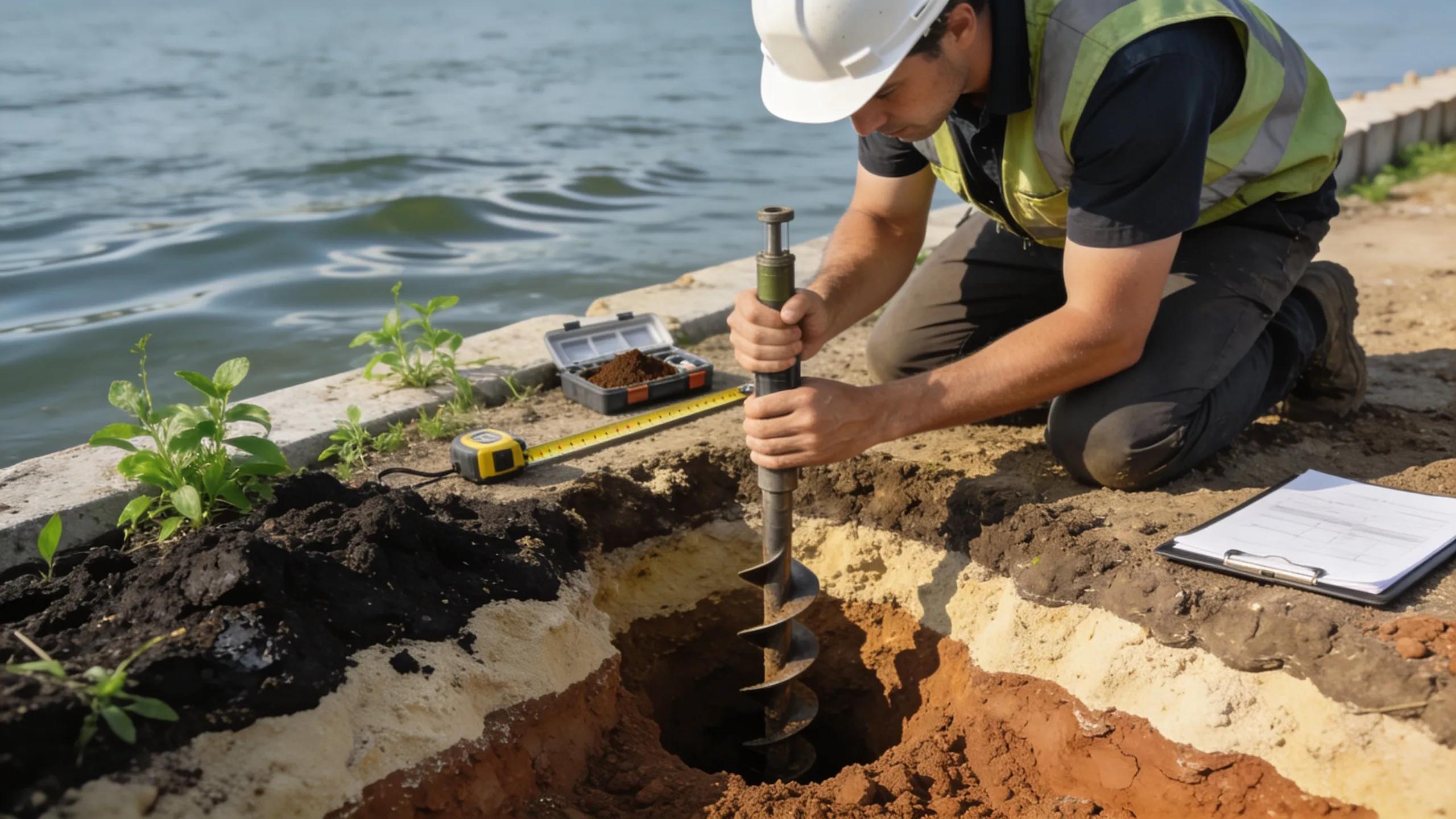 Construction site with a professional evaluating soil conditions near a waterfront for seawall installation