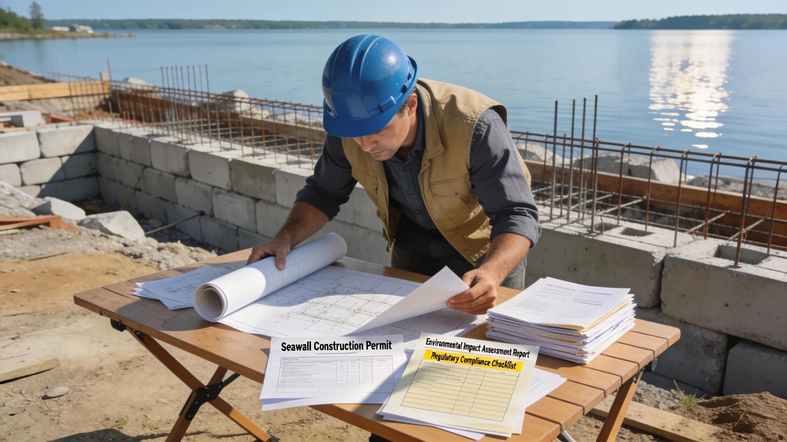 Construction worker reviewing seawall permit documents and regulatory compliance checklist at Lake Anna.