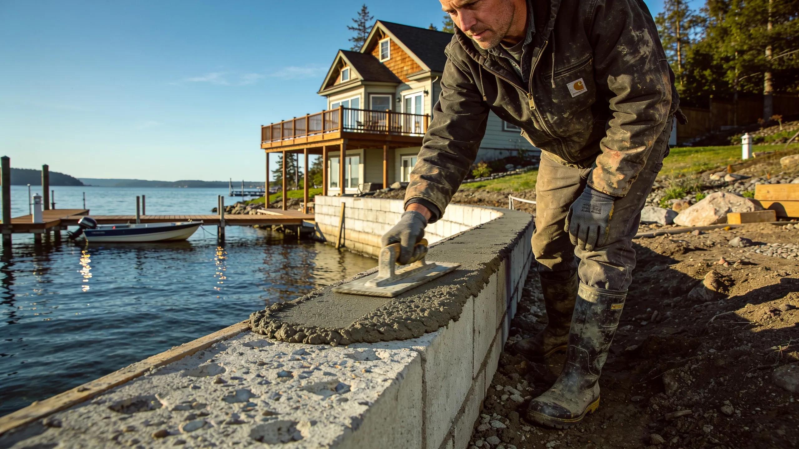 Laborer constructing a concrete seawall installation at a lakeside property