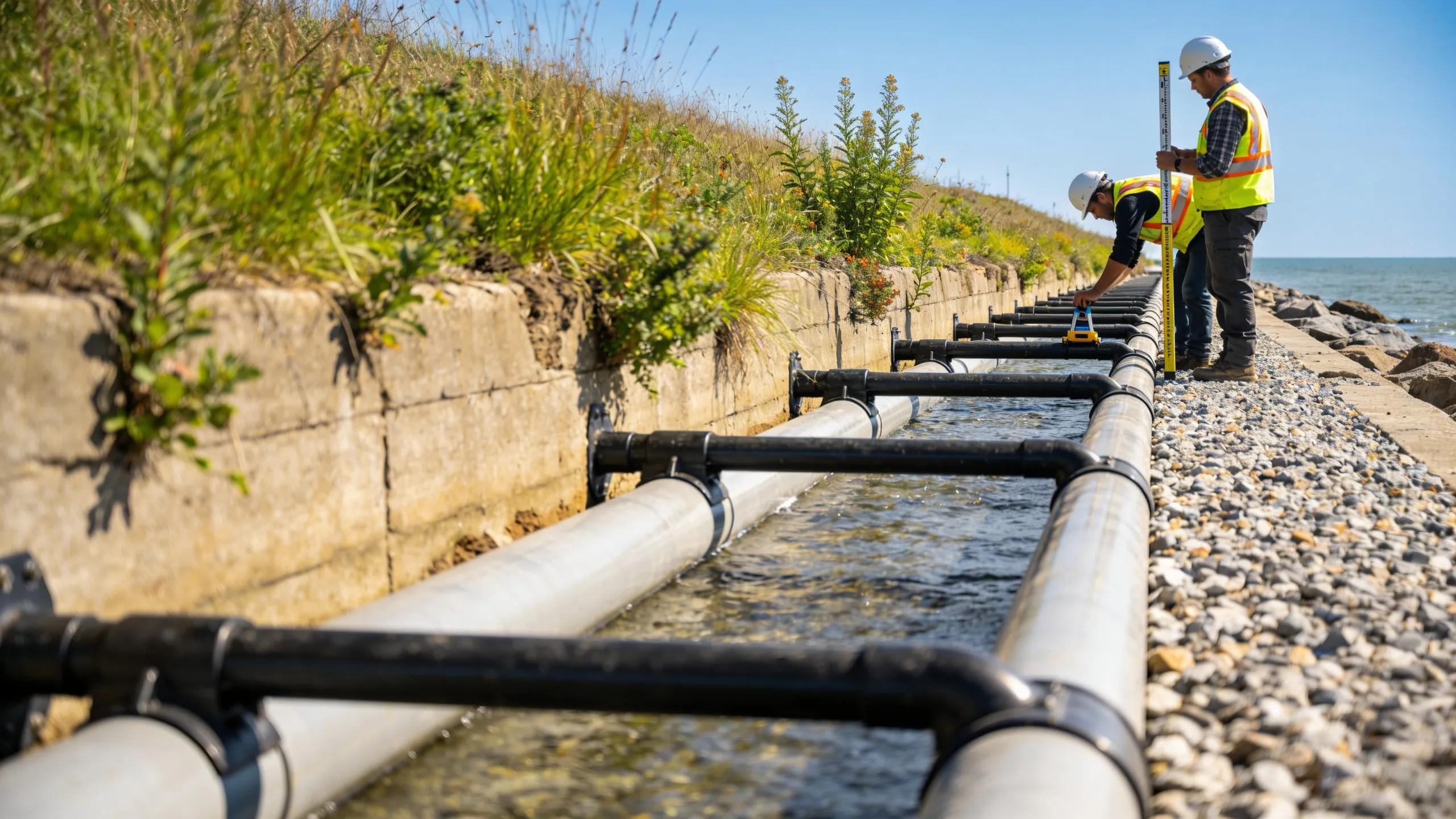 Surveyors assessing shoreline stabilization project and drainage solutions for environmentally conscious seawall construction in Mineral, VA.
