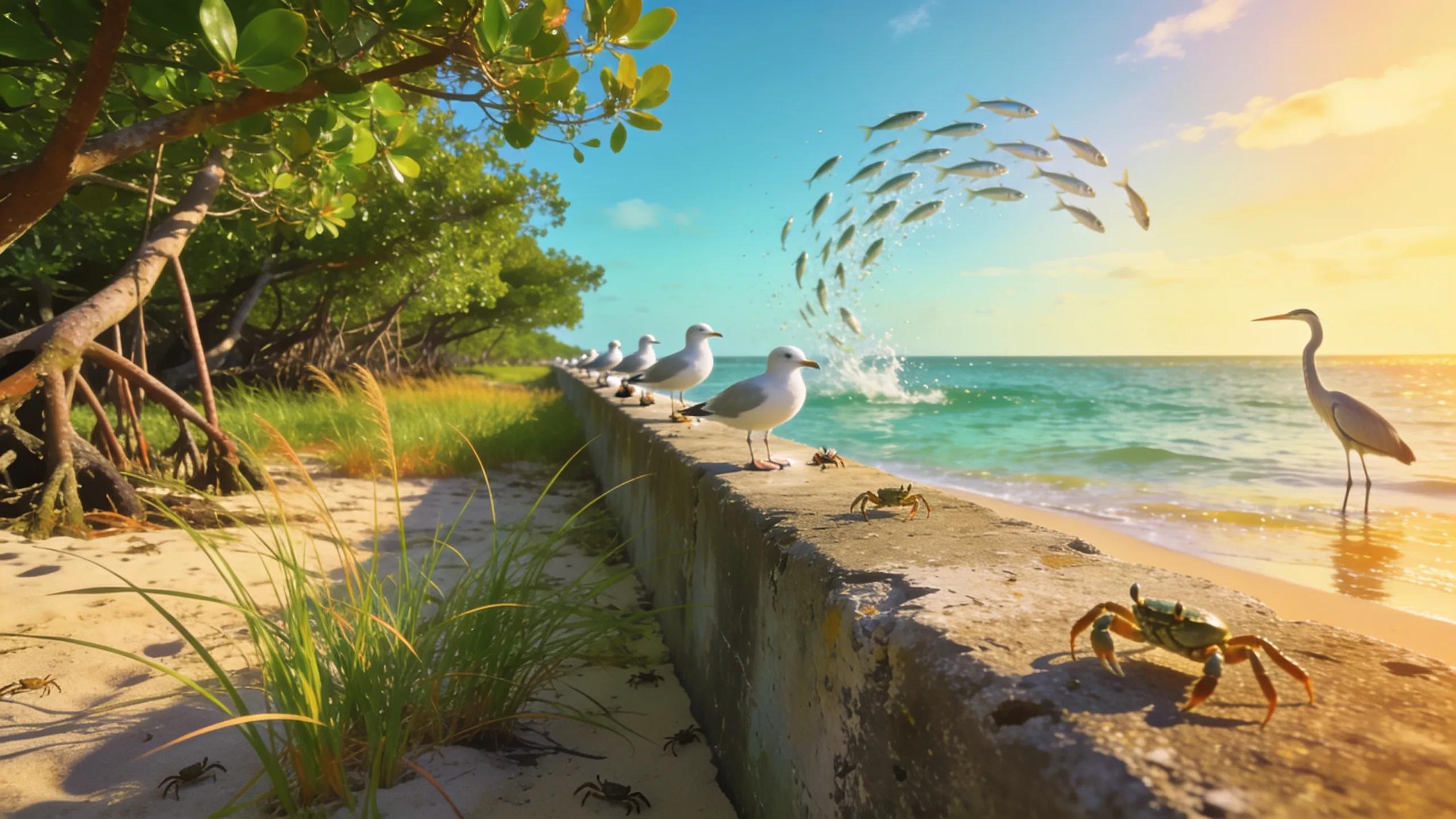 Seawall in a coastal environment showcasing interaction with local wildlife and vegetation