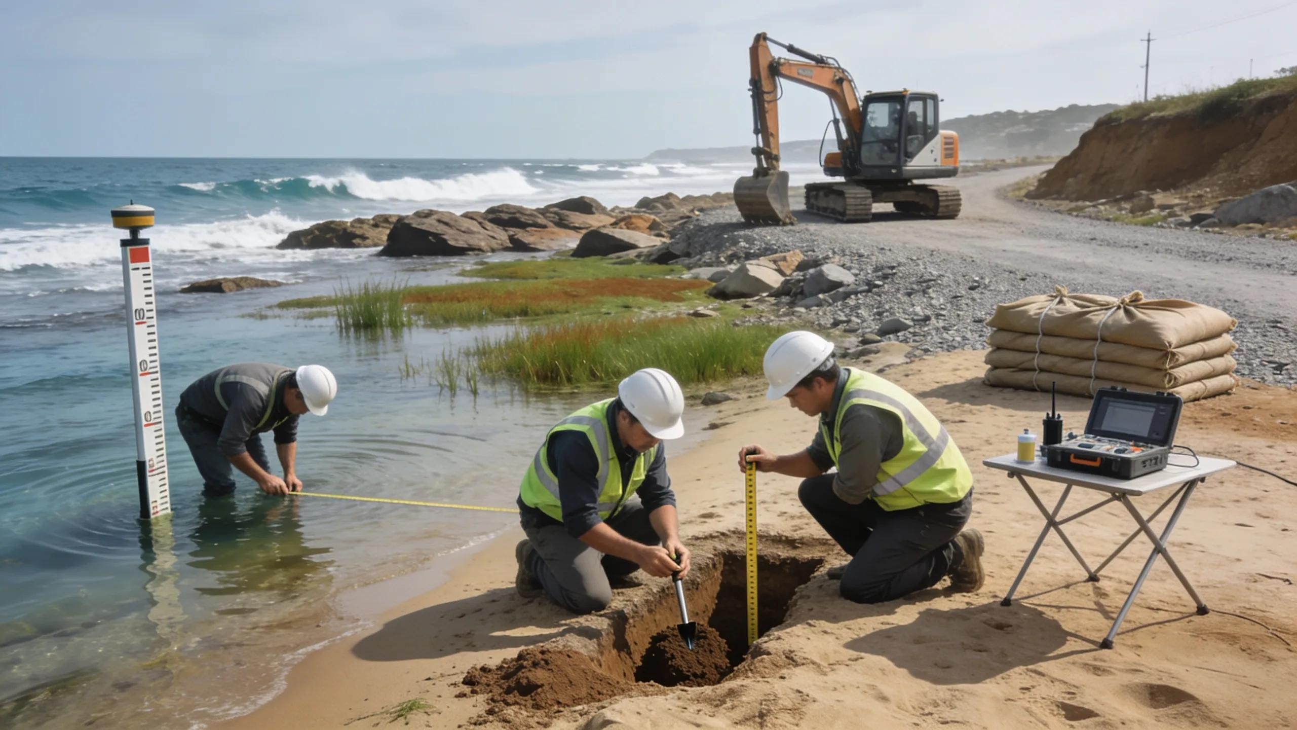 Seawall construction site with workers measuring and surveying shoreline for estimates.