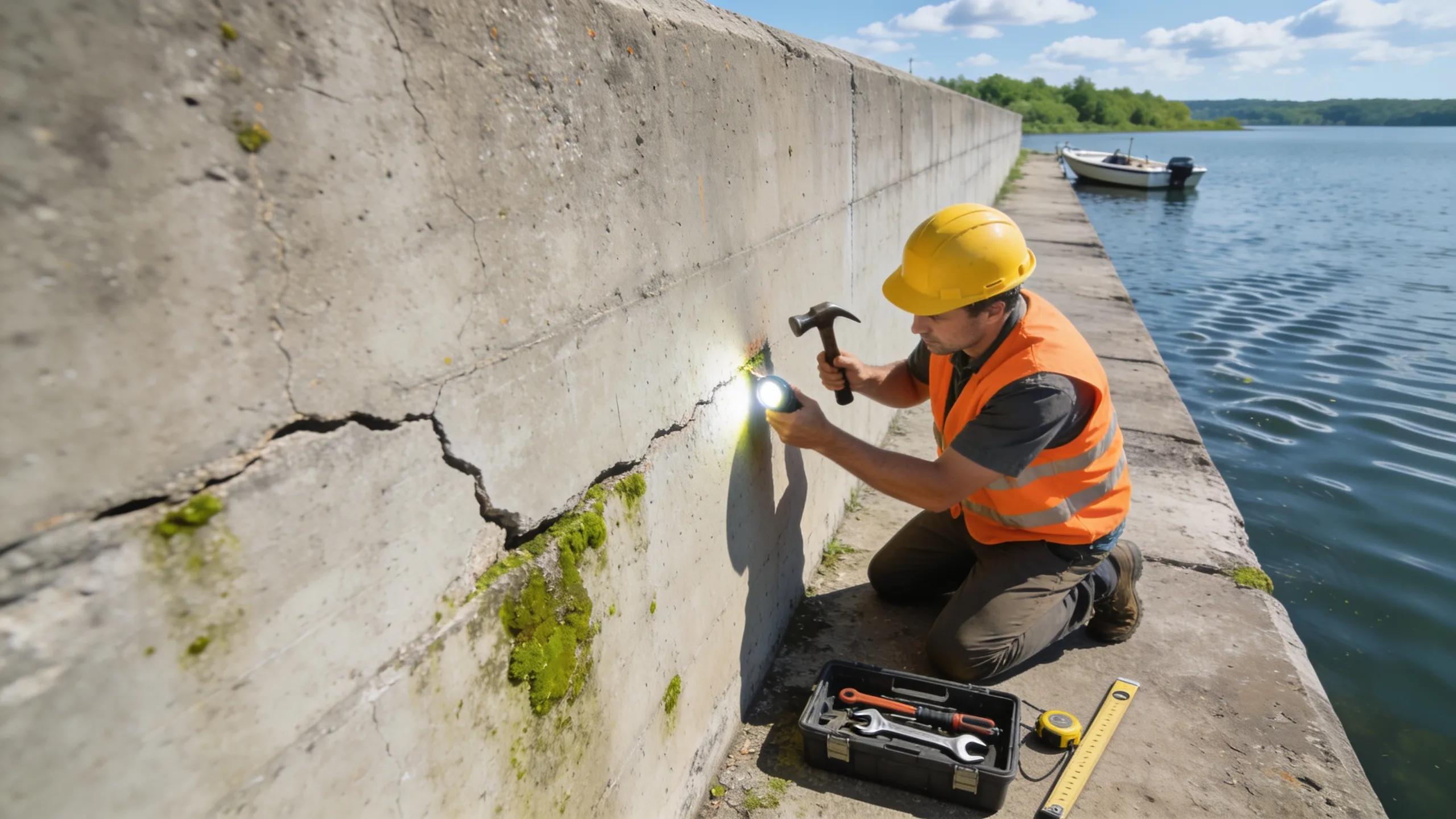 Marine construction professional inspecting a seawall at a lakeside