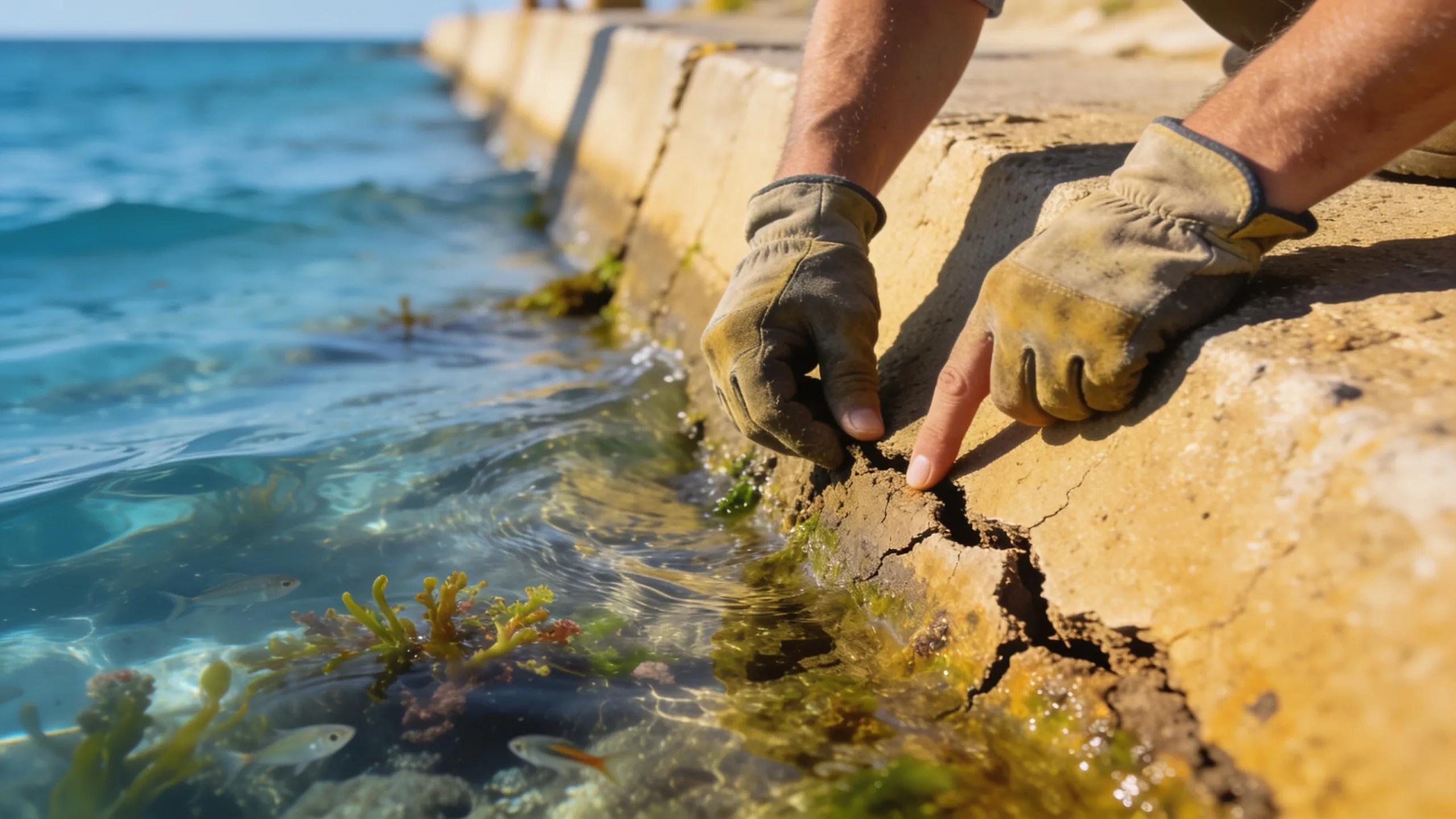 Seawall inspection showing cracks and erosion near Lake Anna, Virginia.