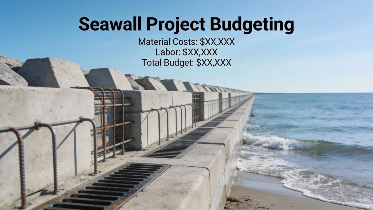 Scenic waterfront featuring a newly constructed seawall highlighting budgeting considerations
